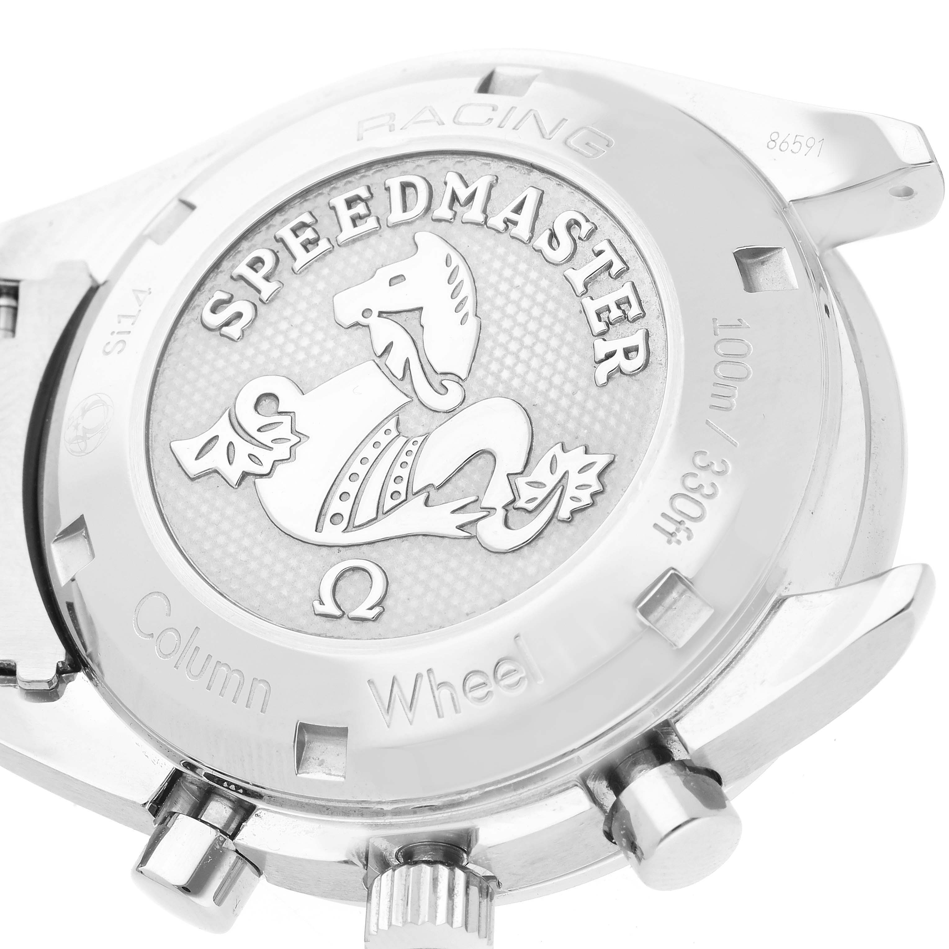 The image shows the back casing of an Omega Speedmaster 326.30.40.50.03.001 Men's Stainless Steel Blue Dial 326.30.40.50.03.001 Men's Stainless Steel Blue Dial watch, focusing on its engravings and logo.