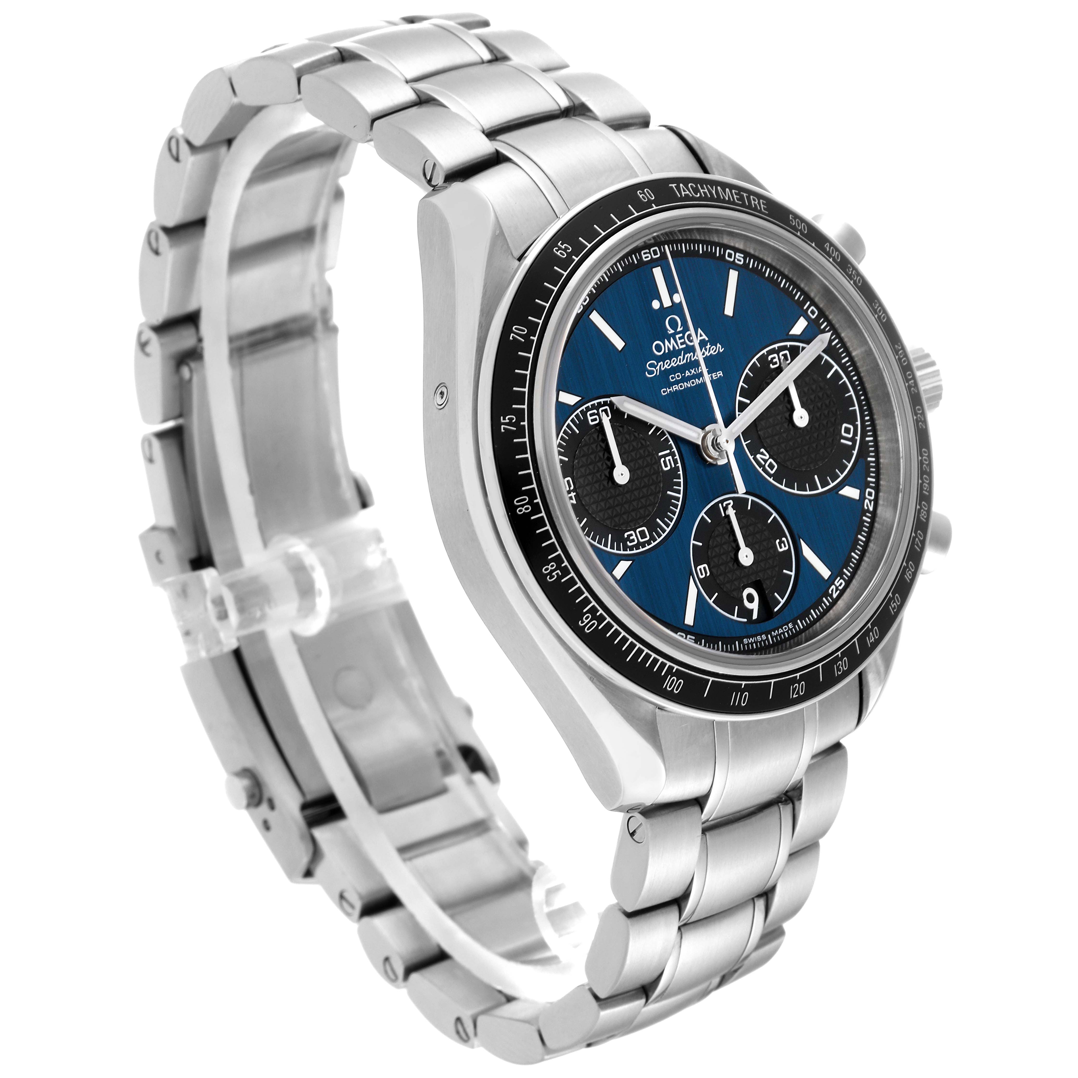 The Omega Speedmaster 326.30.40.50.03.001 Men's Stainless Steel Blue Dial 326.30.40.50.03.001 Men's Stainless Steel Blue Dial watch is shown at a slight side angle, highlighting its dial, bezel, and metal bracelet.
