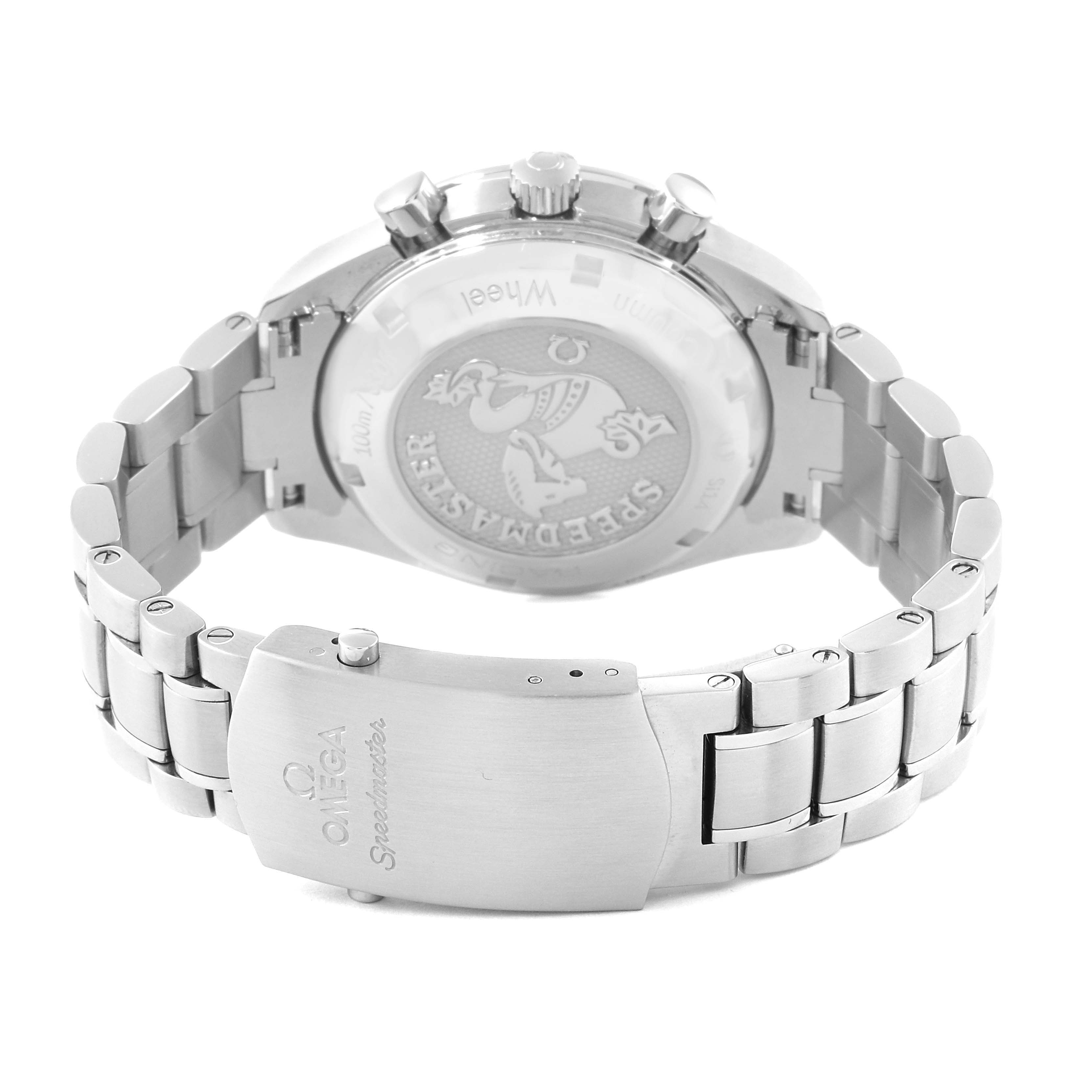 The image shows the back and clasp of an Omega Speedmaster 326.30.40.50.03.001 Men's Stainless Steel Blue Dial 326.30.40.50.03.001 Men's Stainless Steel Blue Dial watch, highlighting its stainless steel bracelet and case back design.