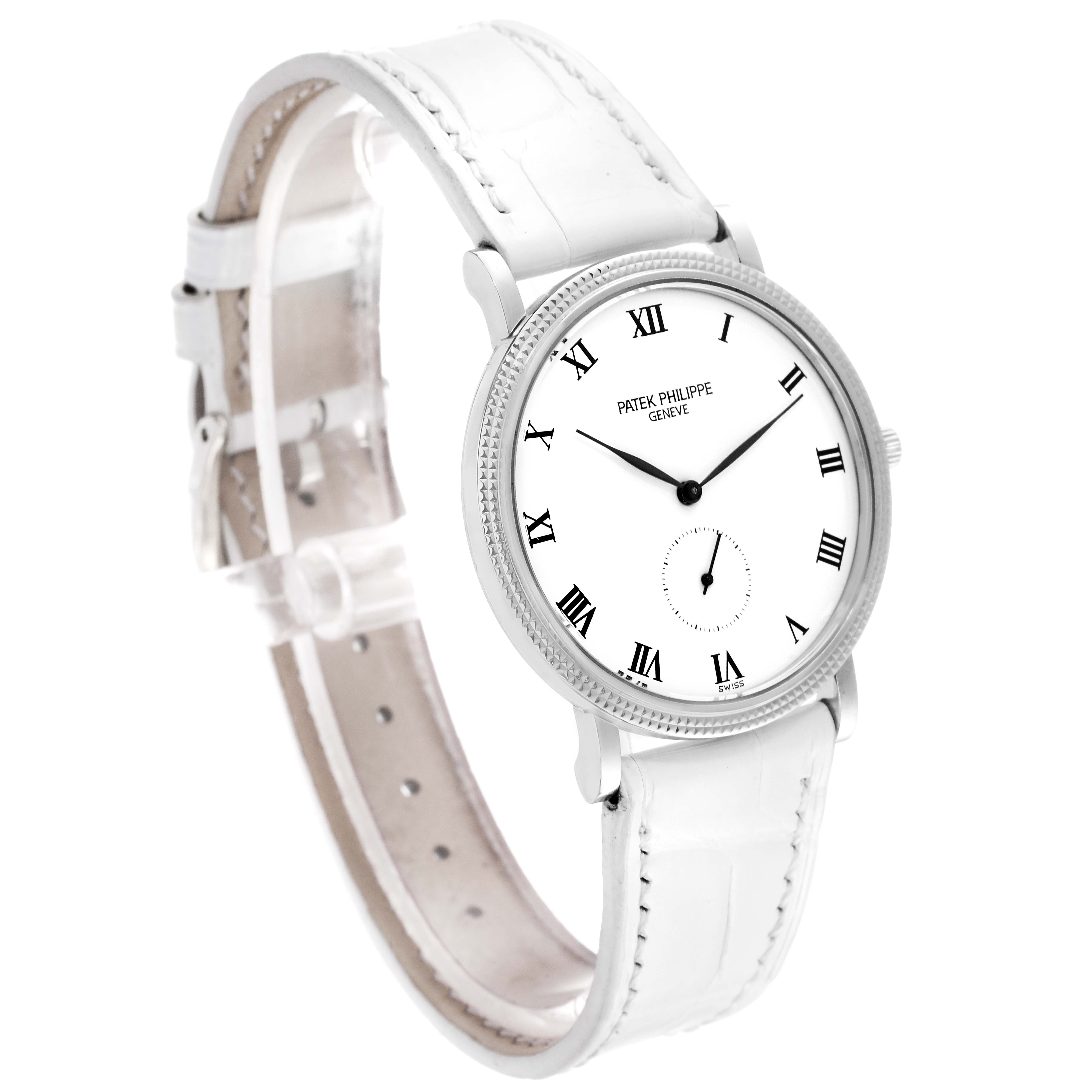 This image shows a front and side view of the Patek Philippe Calatrava 3919G Men's White Gold White Dial 3919G Men's White Gold White Dial watch with a white strap and Roman numeral markers.