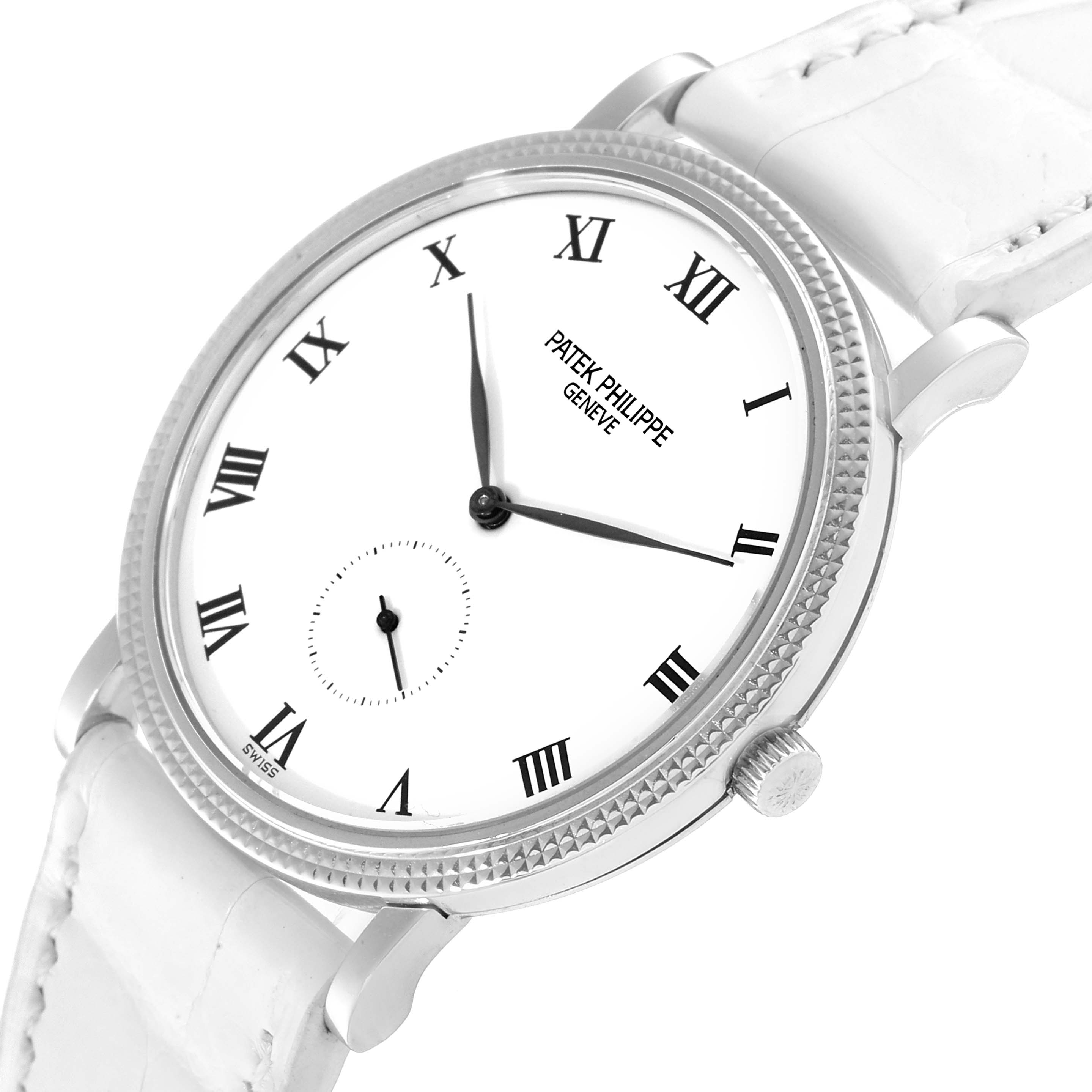 This image shows a close-up angle of a Patek Philippe Calatrava 3919G Men's White Gold White Dial 3919G Men's White Gold White Dial watch, displaying its face, bezel, crown, and part of the strap.