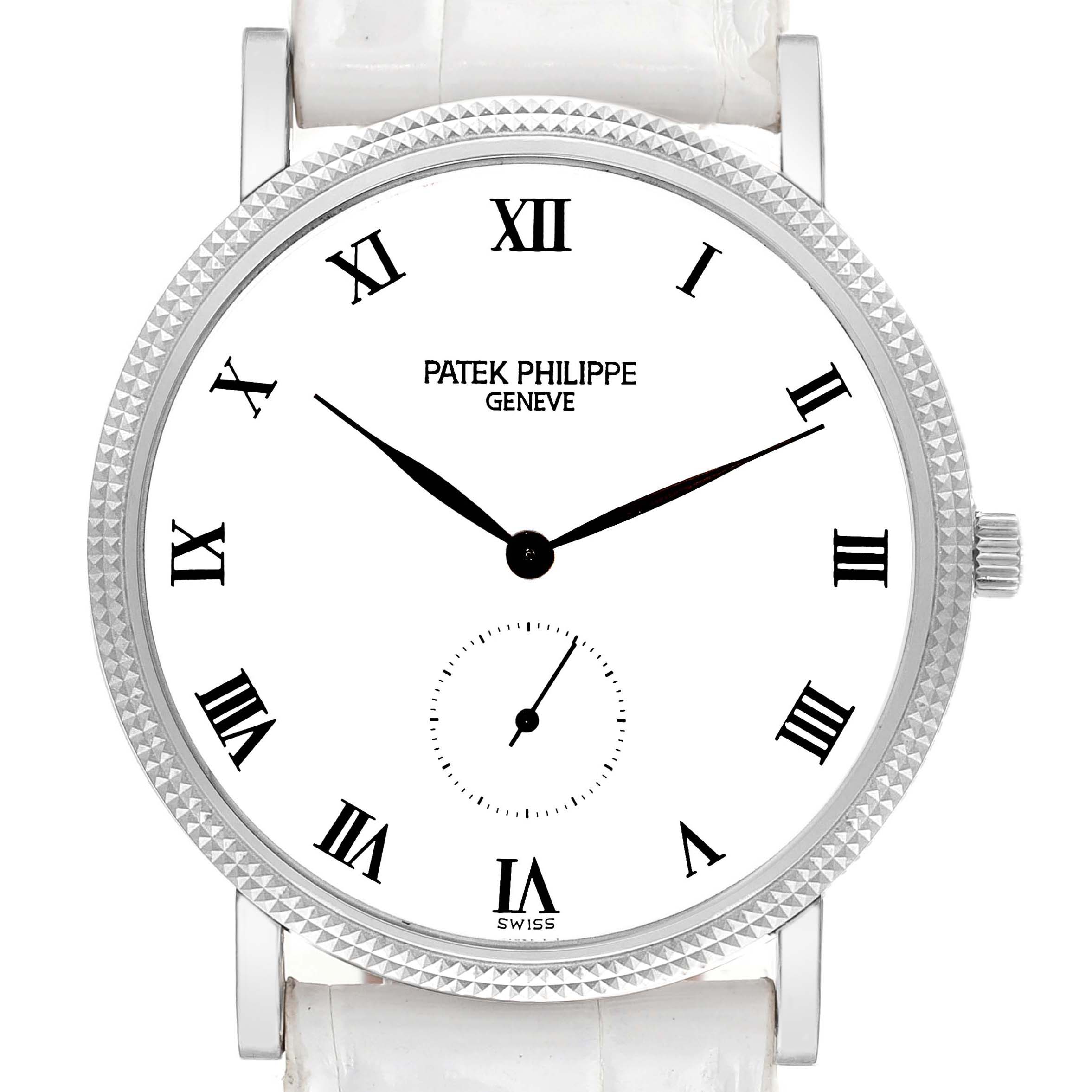 This image shows a front view of a Patek Philippe Calatrava 3919G Men's White Gold White Dial 3919G Men's White Gold White Dial watch displaying its white dial, Roman numerals, and subdial.