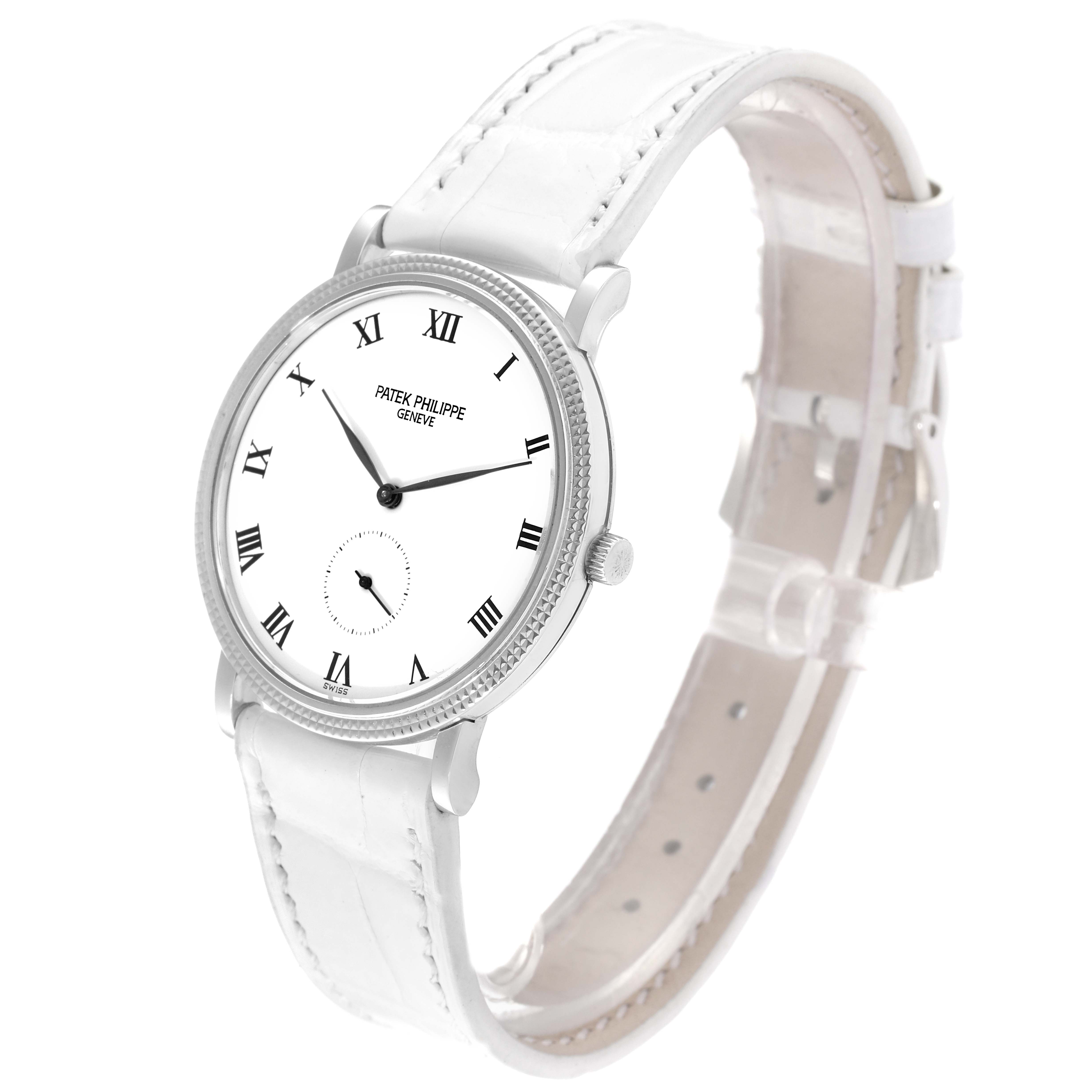The image shows a front angle of a Patek Philippe Calatrava 3919G Men's White Gold White Dial 3919G Men's White Gold White Dial watch, highlighting its face, bezel, and white leather strap.