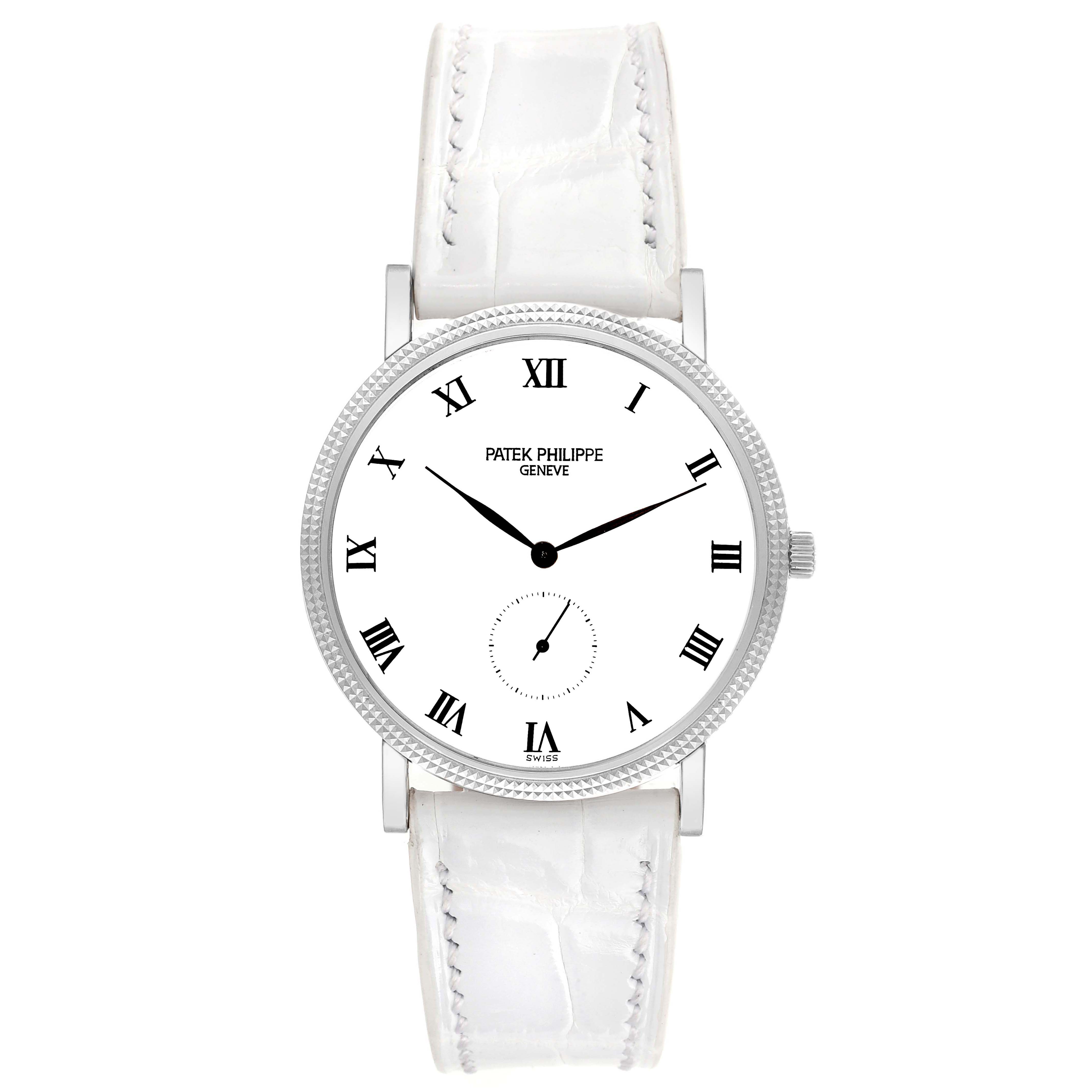 This Patek Philippe Calatrava 3919G Men's White Gold White Dial 3919G Men's White Gold White Dial watch is shown from a front angle, displaying its dial, strap, and crown.