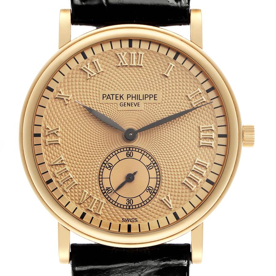 The Patek Philippe Calatrava watch is shown from the front, displaying the dial, Roman numerals, hands, subdial, and crown.