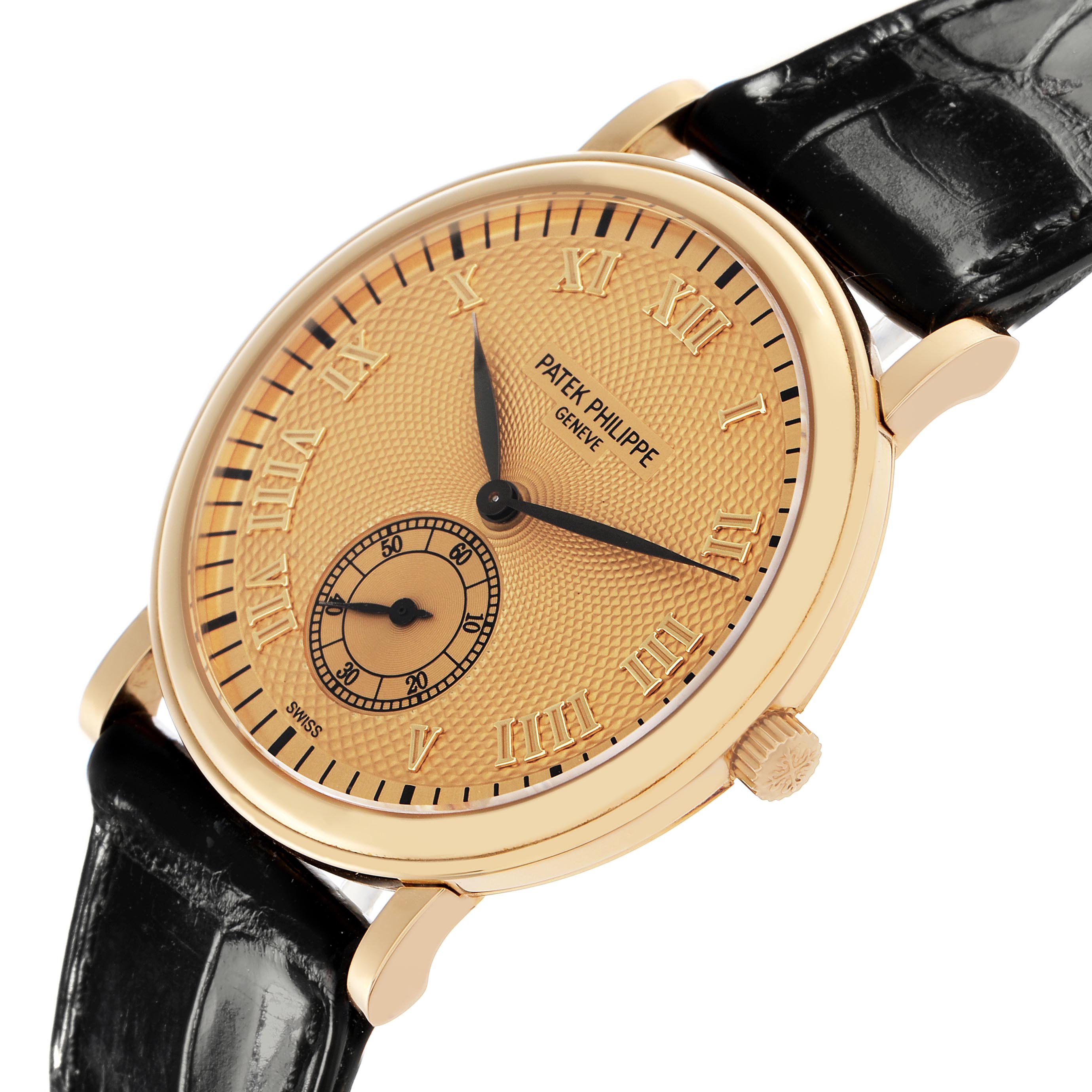 The image shows a close-up, angled view of a Patek Philippe Calatrava 5022J-001 Men
s Yellow Gold Champagne Dial 5022J-001 Men
s Yellow Gold Champagne Dial watch displaying the face, bezel, and part of the black leather strap.