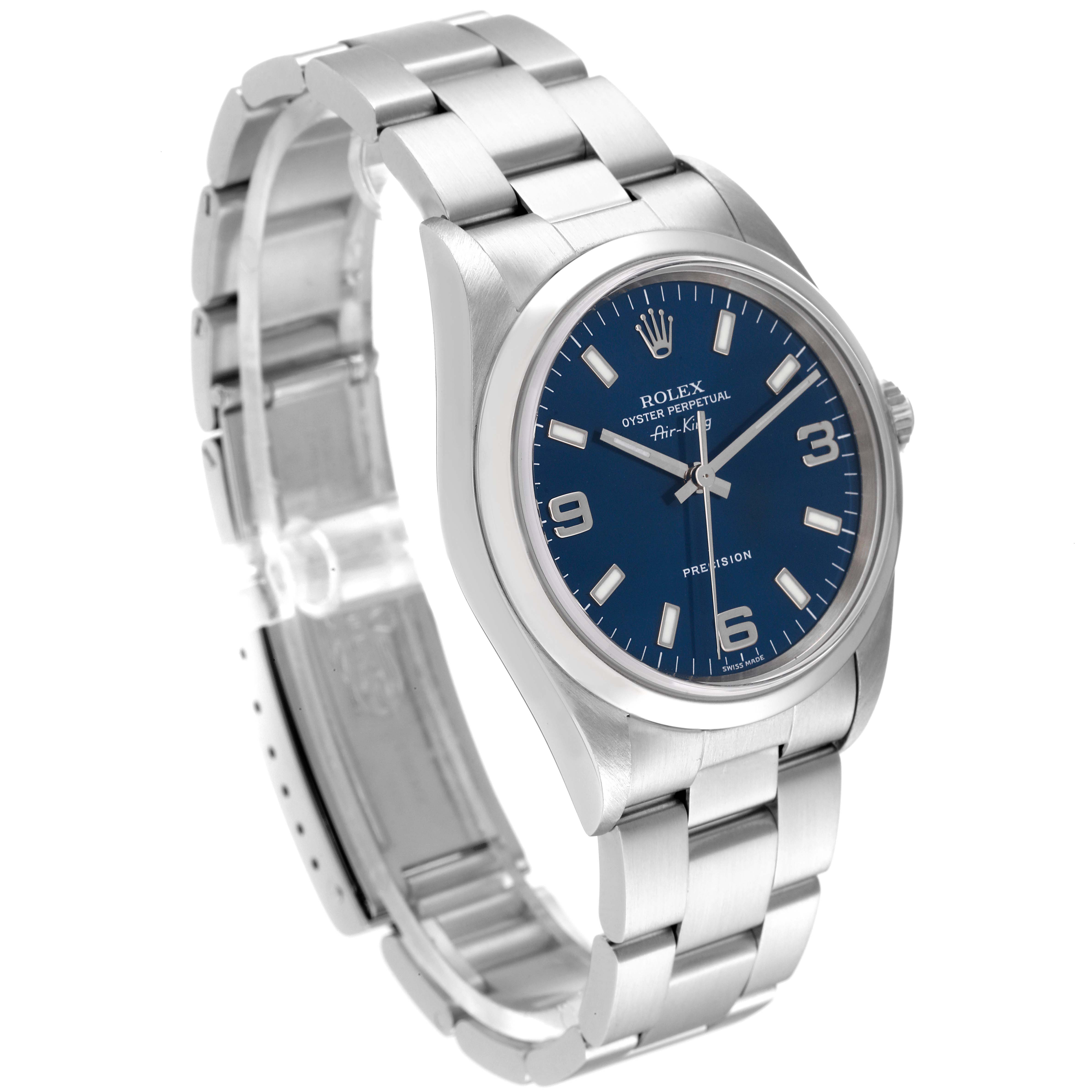 This image shows a side angle view of a Rolex Air-King 14000 Men's Stainless Steel Blue Dial 14000 Men's Stainless Steel Blue Dial watch featuring the face, bezel, and stainless steel band.