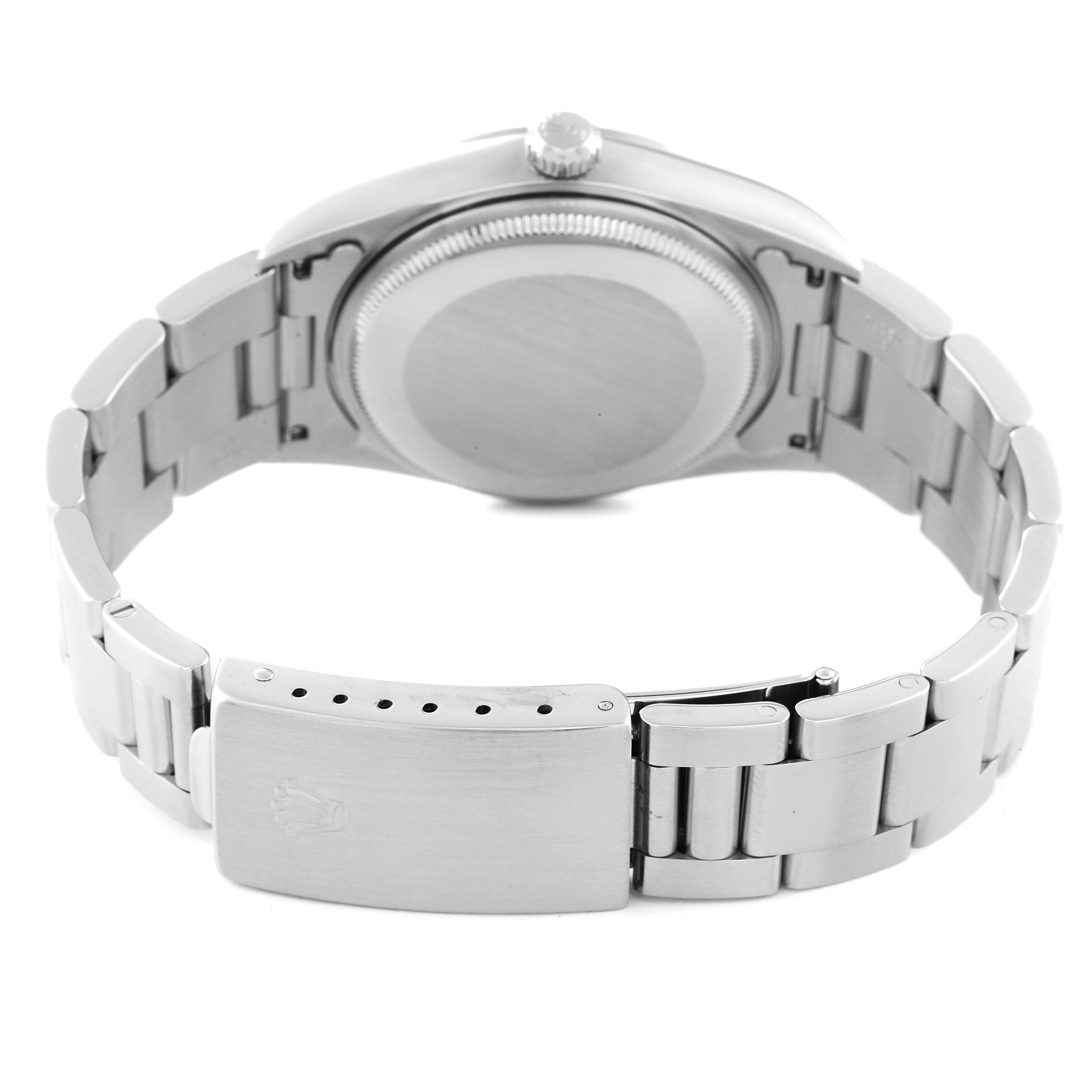 The image shows the back view of a Rolex Air-King 14000 Men's Stainless Steel Blue Dial 14000 Men's Stainless Steel Blue Dial watch, highlighting the case back, bracelet, and clasp.