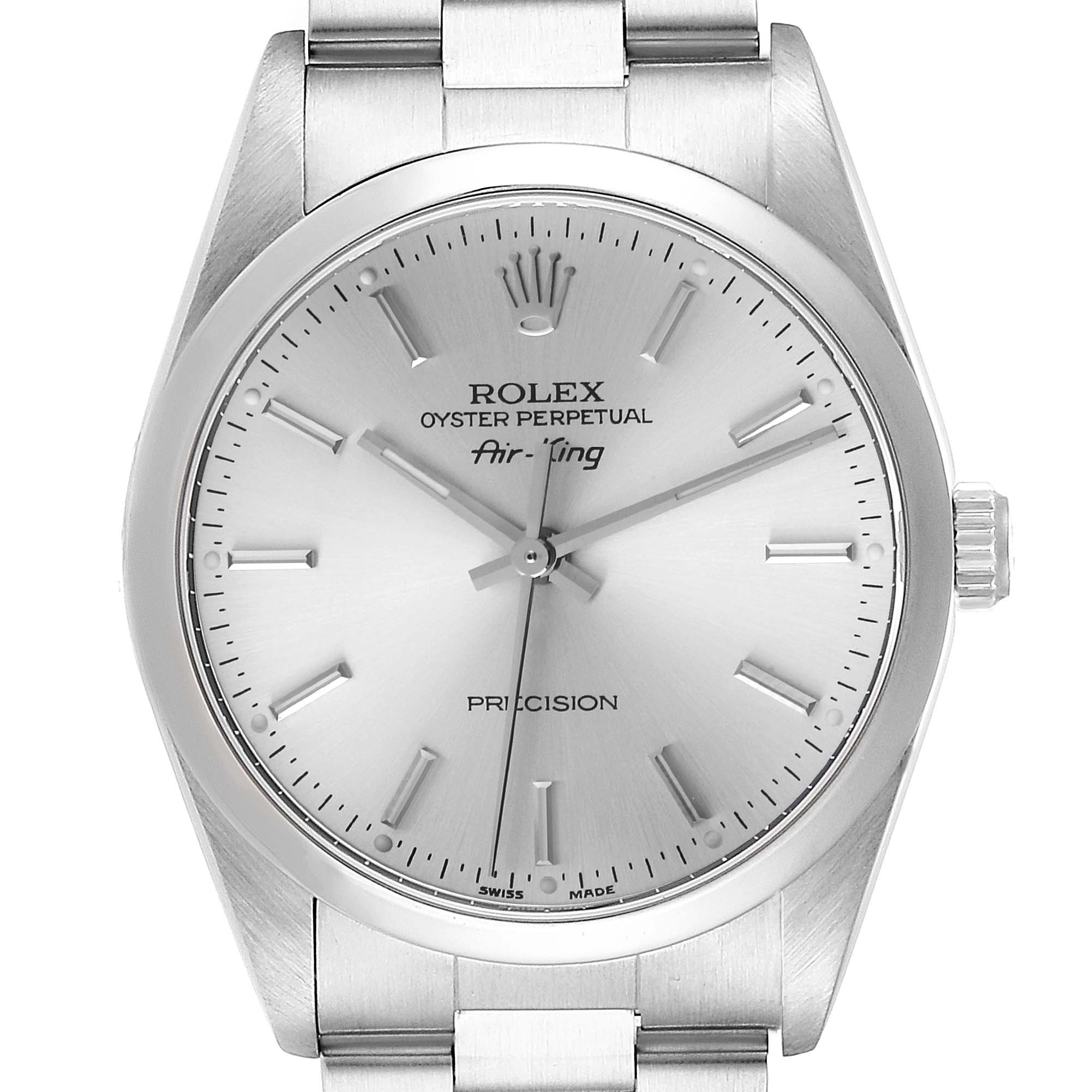 The image shows a front view of a Rolex Air-King 14000 Men's Stainless Steel Silver Dial 14000 Men's Stainless Steel Silver Dial watch, highlighting its dial, hands, and part of the bracelet.