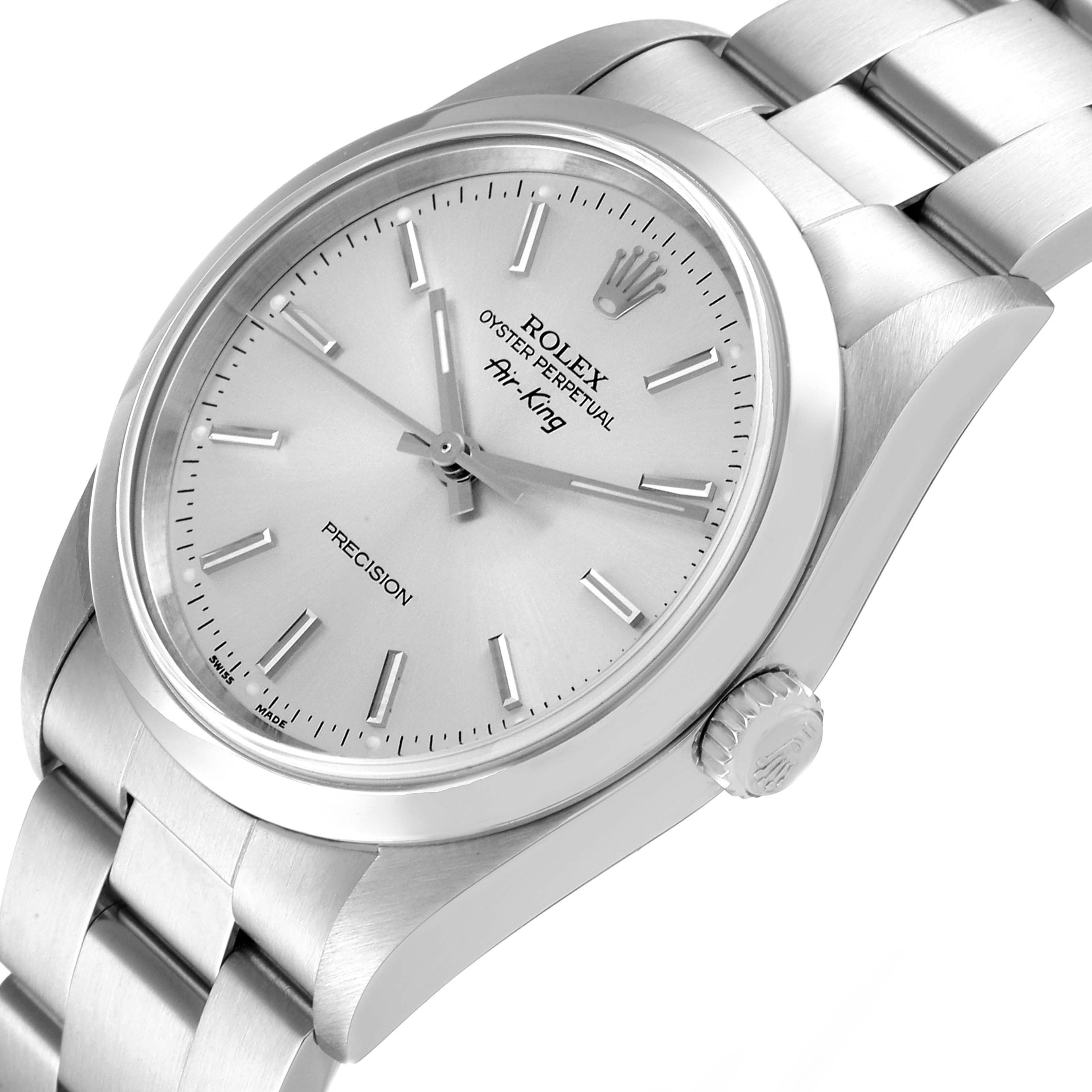 This image shows a close-up angle of the Rolex Air-King 14000 Men's Stainless Steel Silver Dial 14000 Men's Stainless Steel Silver Dial watch, displaying the face, bezel, crown, and part of the bracelet.