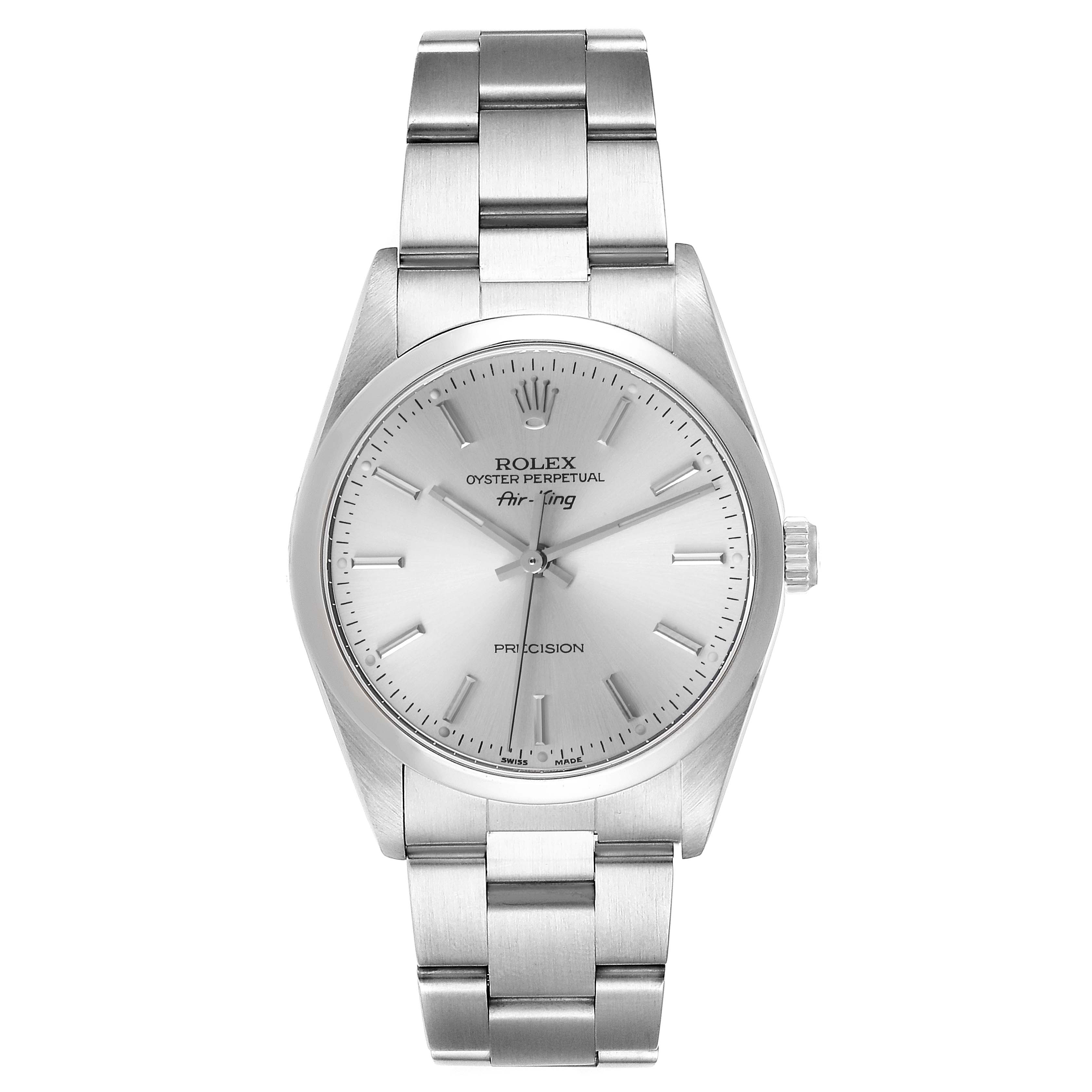 This image shows a Rolex Air-King 14000 Men's Stainless Steel Silver Dial 14000 Men's Stainless Steel Silver Dial watch from a top-down angle, displaying the dial, hands, and metal bracelet.