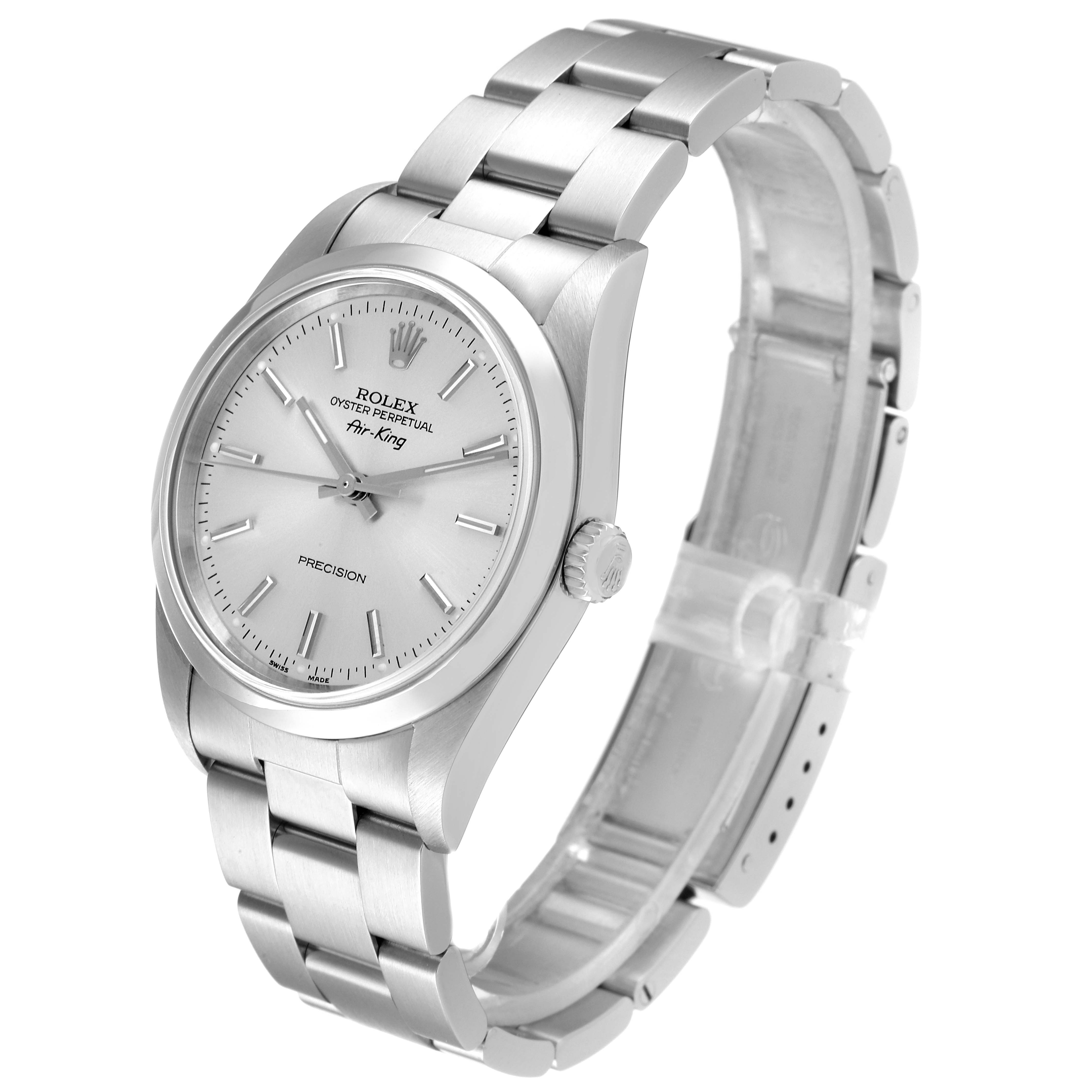 This image shows a side-angle view of the Rolex Air-King 14000 Men's Stainless Steel Silver Dial 14000 Men's Stainless Steel Silver Dial watch, highlighting its face, bracelet, and crown.