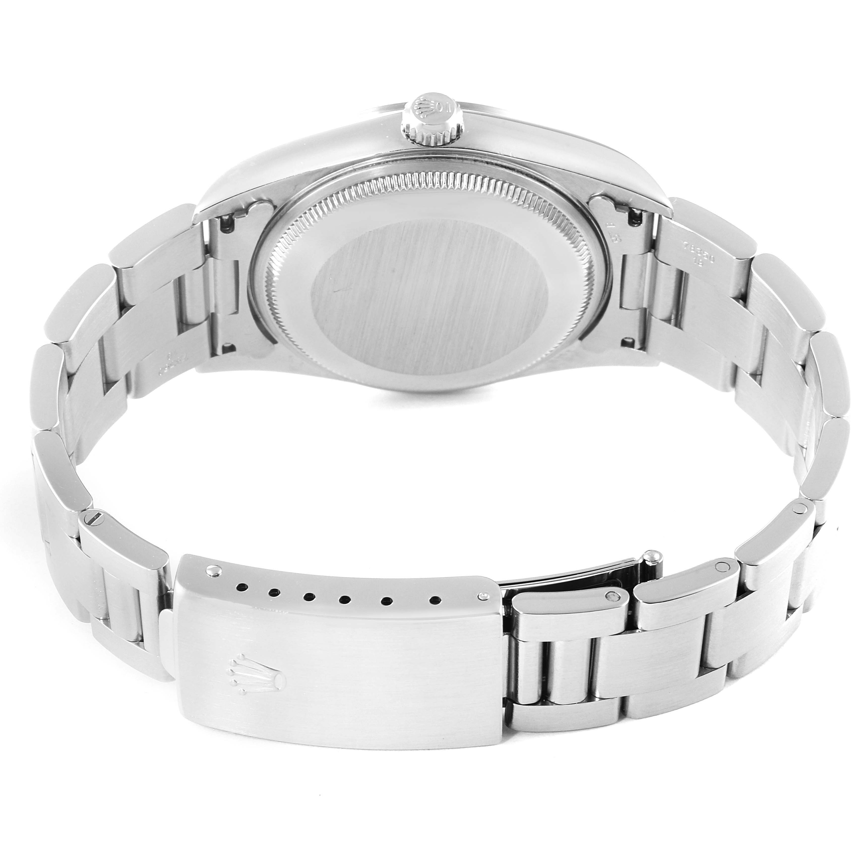 This image shows the back of the Rolex Air-King 14000 Men's Stainless Steel Silver Dial 14000 Men's Stainless Steel Silver Dial watch, highlighting the case back and bracelet clasp.