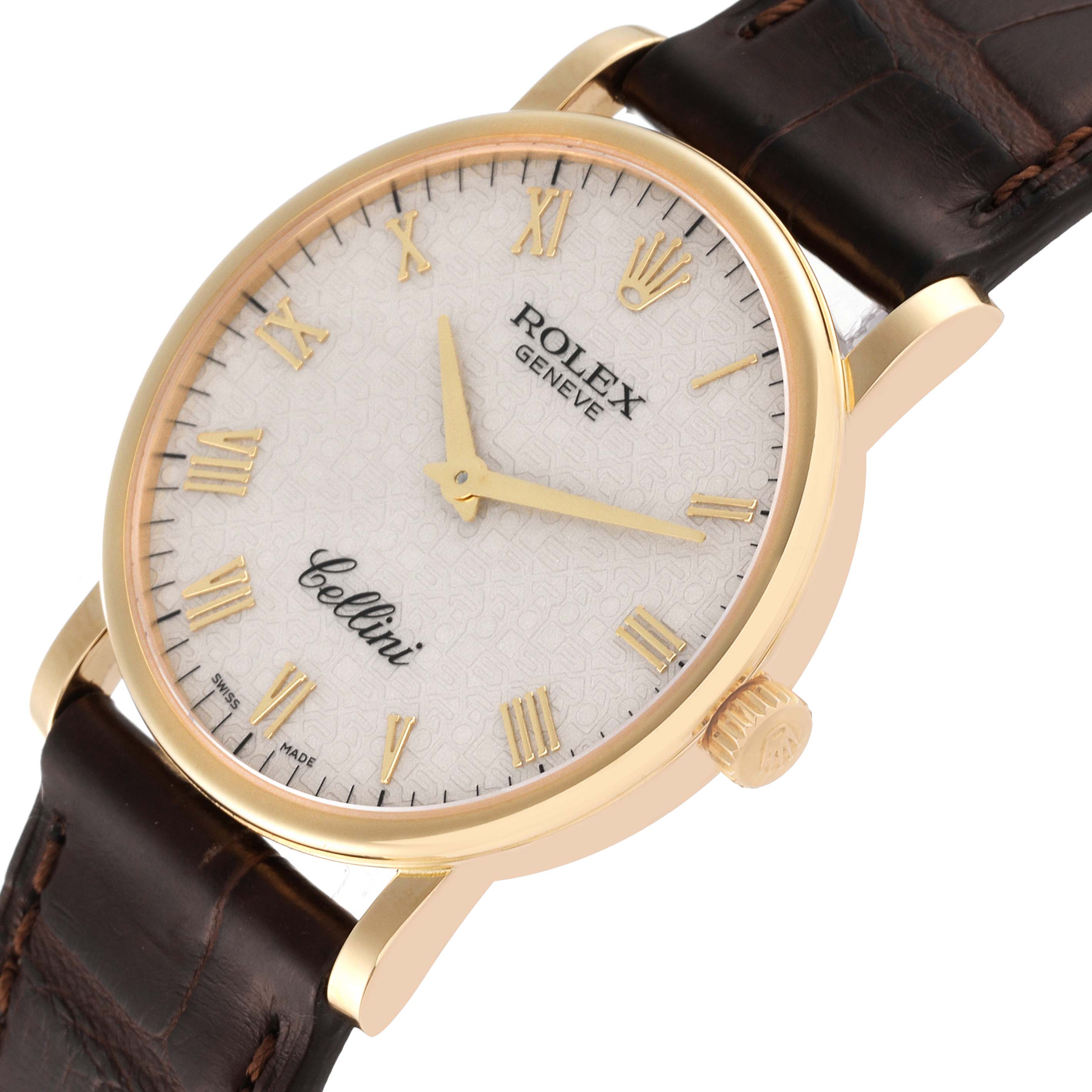 The Rolex Cellini 5115 Men's Yellow Gold Beige Dial 5115 Men's Yellow Gold Beige Dial watch is shown at an angled close-up, highlighting the gold case, white dial, Roman numerals, and brown leather strap.