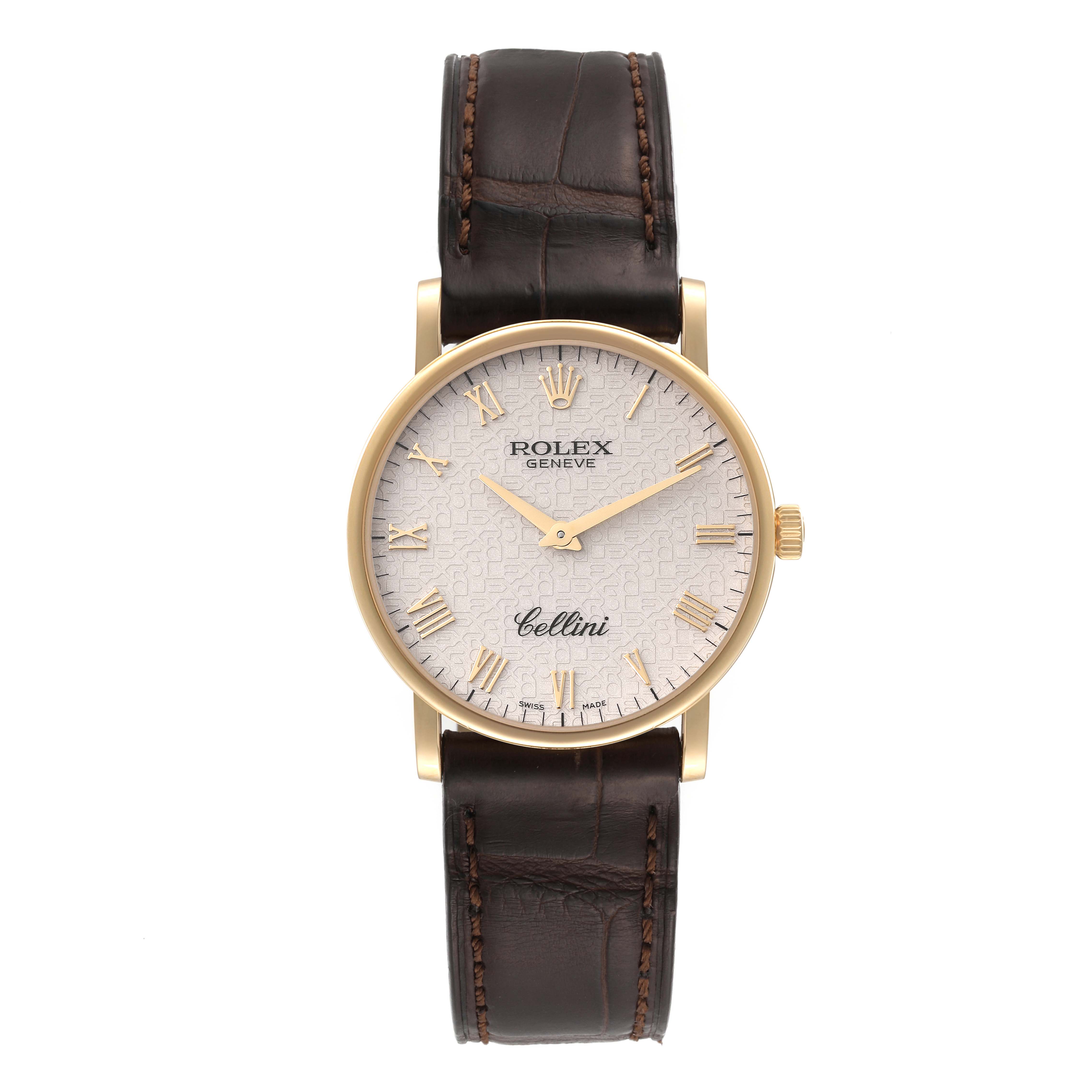 This image shows a front view of a Rolex Cellini 5115 Men's Yellow Gold Beige Dial 5115 Men's Yellow Gold Beige Dial watch, featuring a gold case, white dial, and brown leather strap.