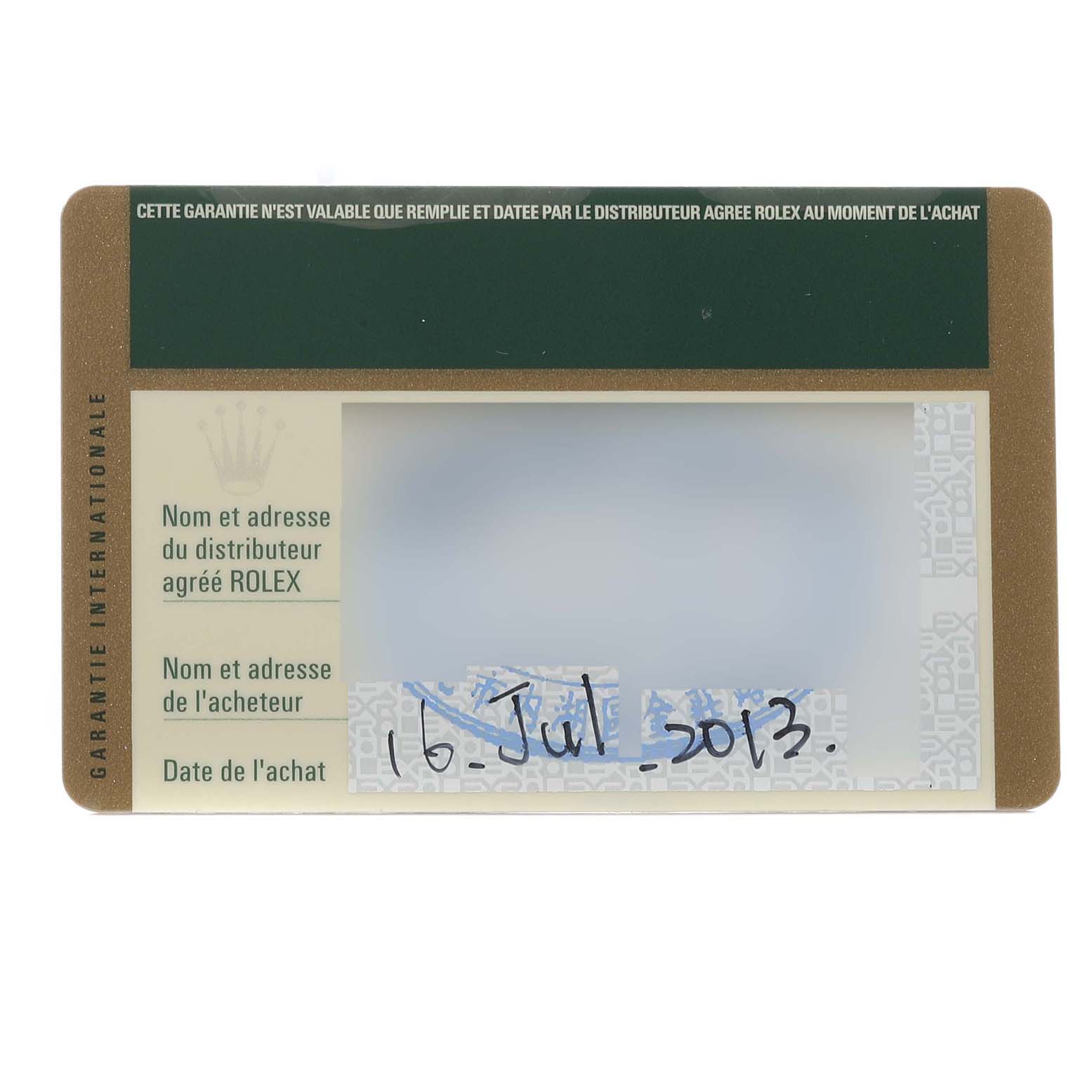 This image shows the front side of the warranty card for a Rolex Cellini 5115 Men's Yellow Gold Beige Dial 5115 Men's Yellow Gold Beige Dial watch.