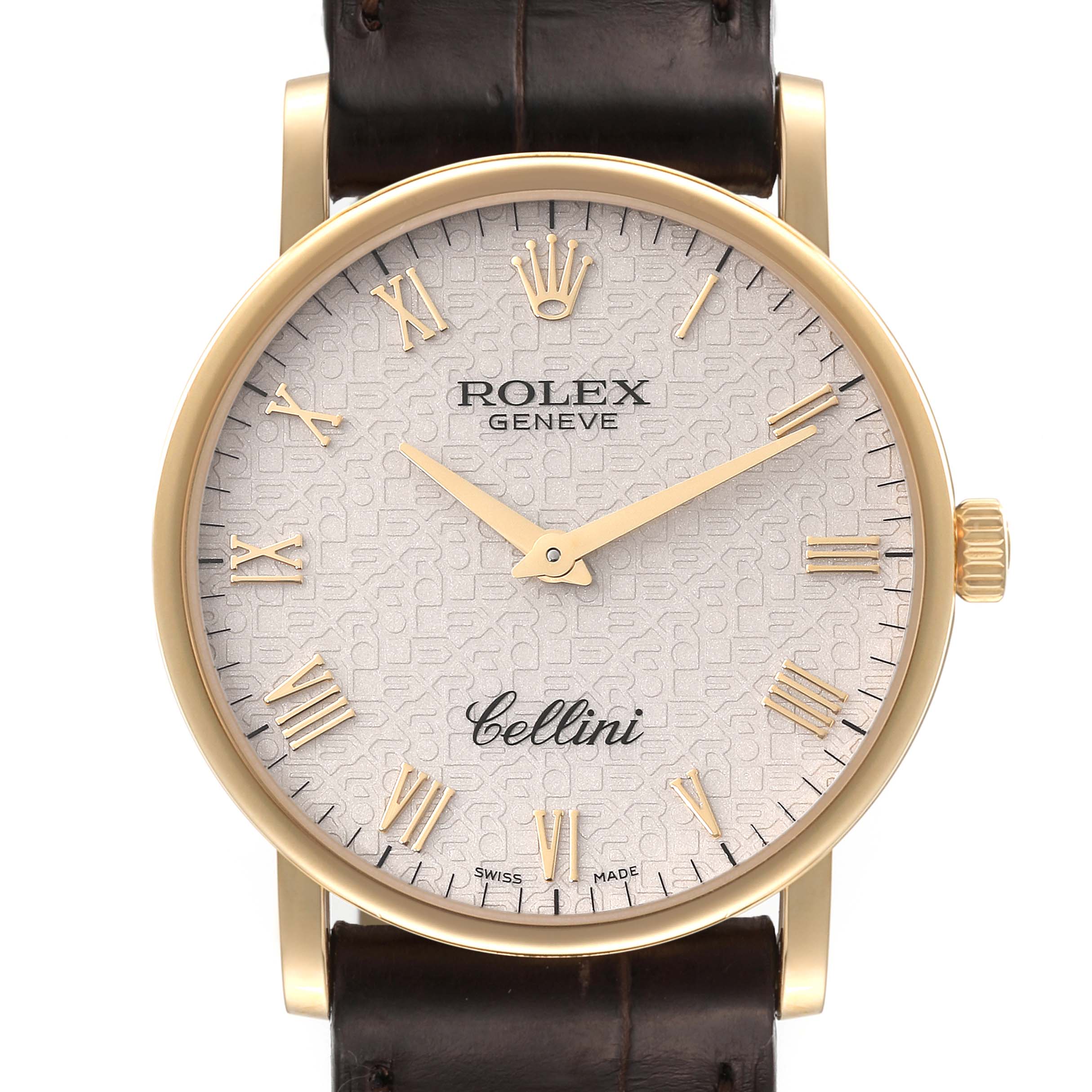 The image shows a front view of a Rolex Cellini 5115 Men's Yellow Gold Beige Dial 5115 Men's Yellow Gold Beige Dial watch, highlighting its dial, hands, and leather strap.