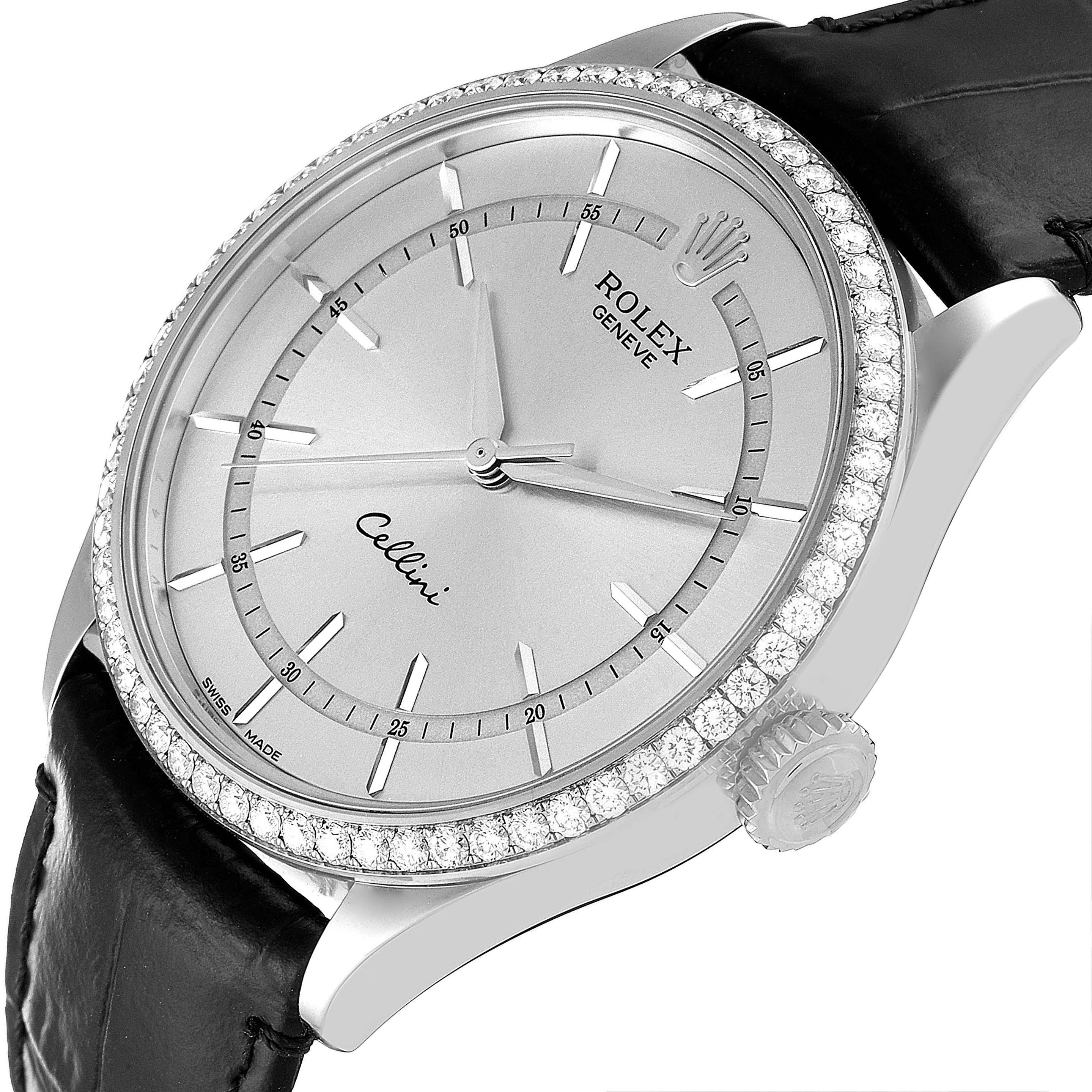 The image displays a close-up, angled view of the Rolex Cellini 50709 Men
s White Gold Silver Dial 50709 Men
s White Gold Silver Dial watch, showcasing its face, crown, bezel and leather strap.