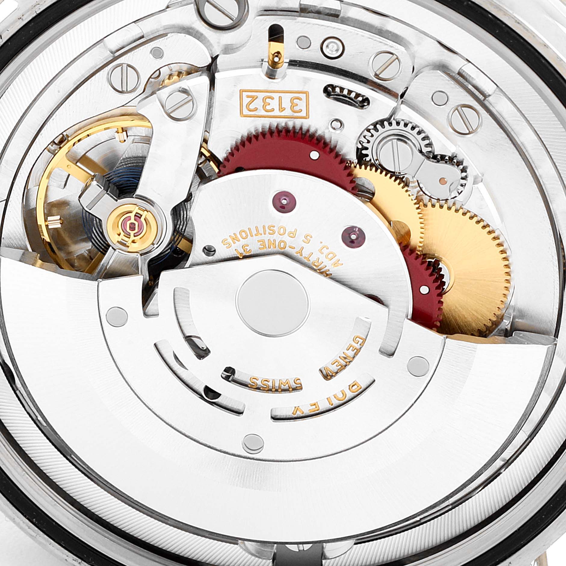 This close-up image shows the intricate inner mechanical components of a Rolex Cellini 50709 Men
s White Gold Silver Dial 50709 Men
s White Gold Silver Dial watch movement.