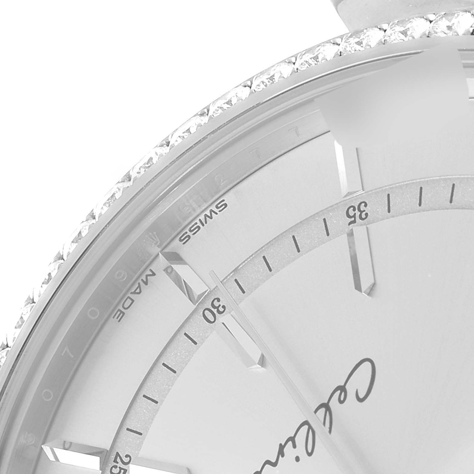 This close-up image shows part of the dial and bezel of a Rolex Cellini 50709 Men
s White Gold Silver Dial 50709 Men
s White Gold Silver Dial watch, highlighting the "Swiss Made" inscription.