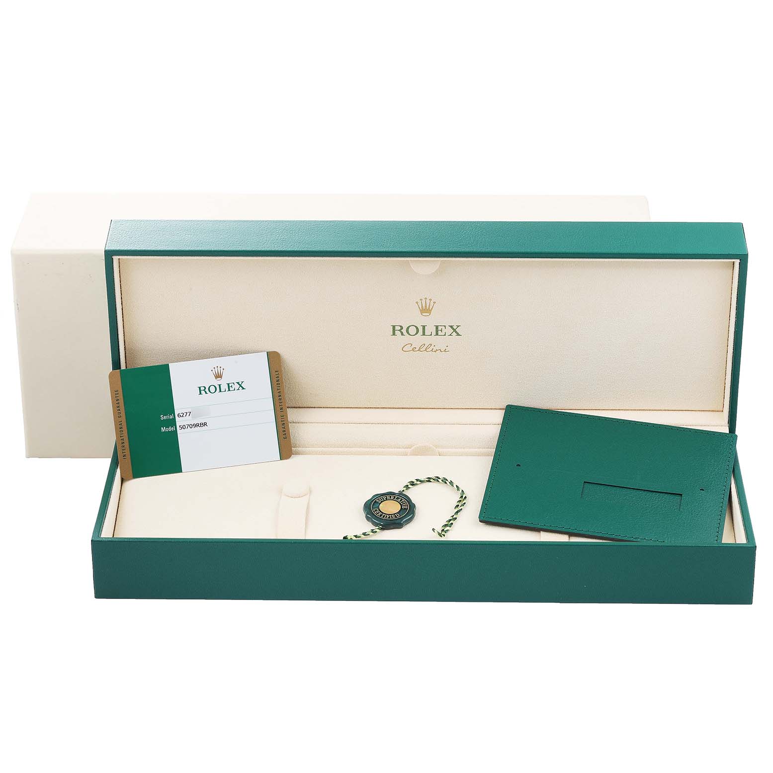 The image shows the open box for a Rolex Cellini 50709 Men
s White Gold Silver Dial 50709 Men
s White Gold Silver Dial watch, with included accessories like a warranty card, booklet, and tag.
