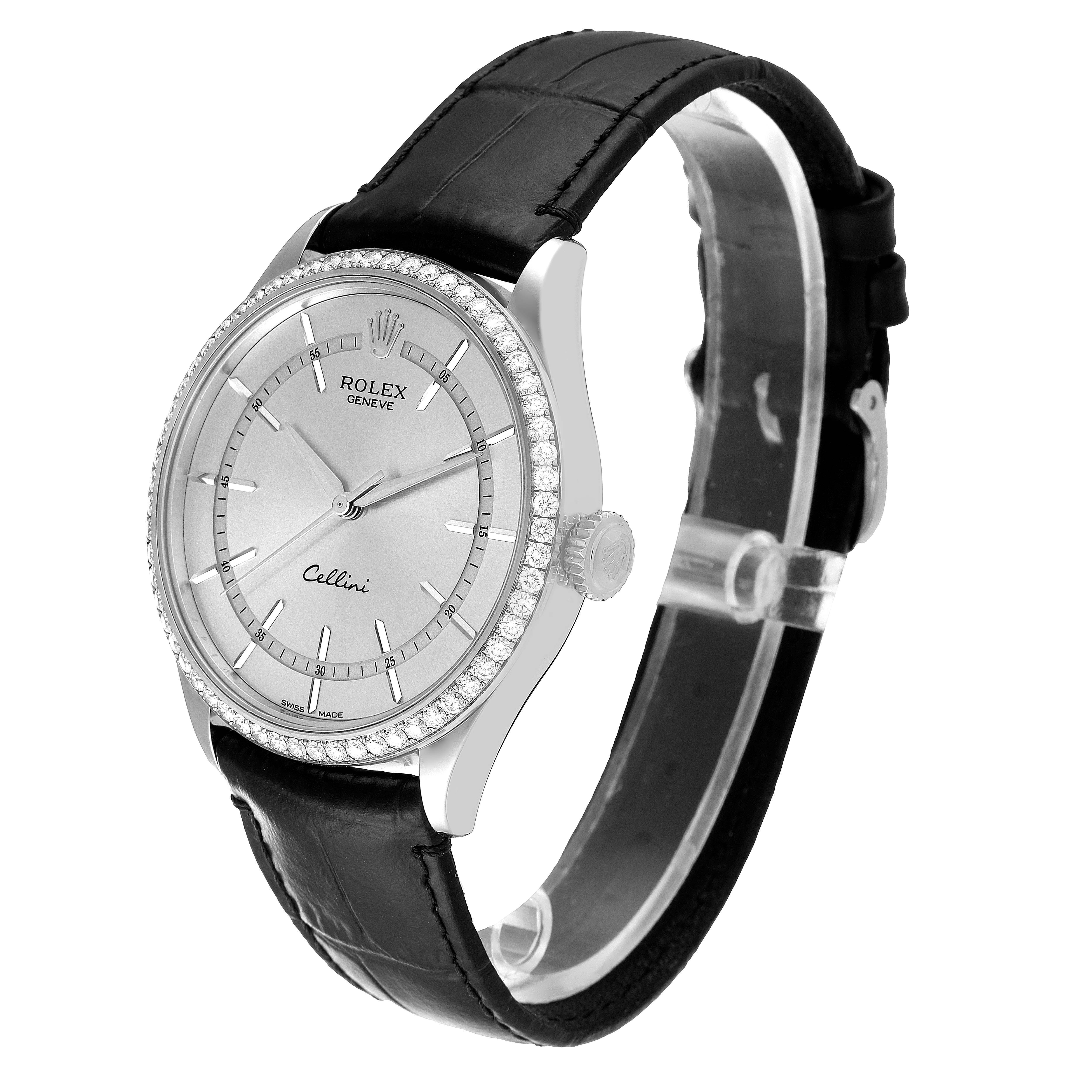 This image shows a Rolex Cellini 50709 Men
s White Gold Silver Dial 50709 Men
s White Gold Silver Dial watch at a slight angle, showcasing its face, bezel, case, crown, and leather strap.