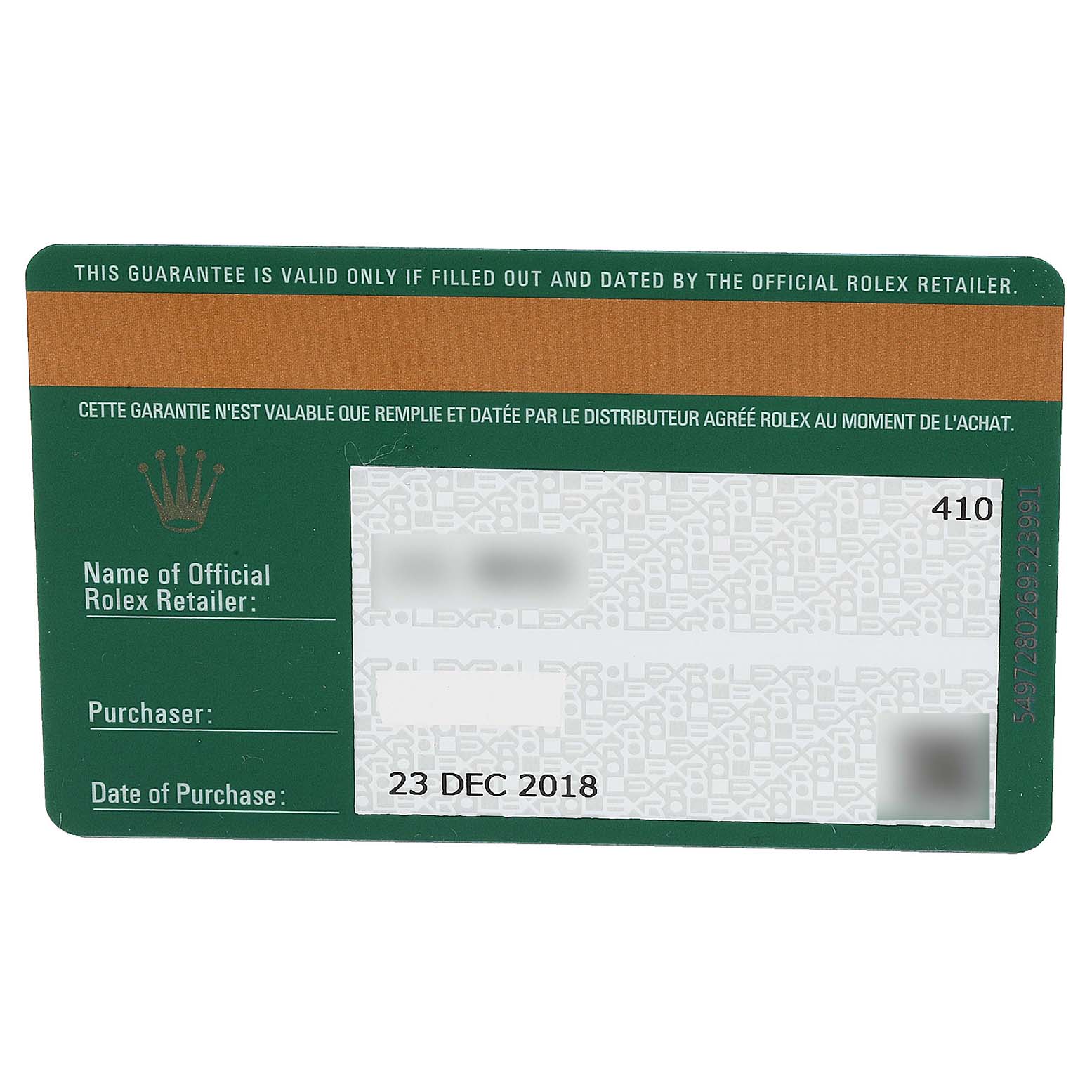 This image shows the warranty card for the Rolex Cellini 50709 Men
s White Gold Silver Dial 50709 Men
s White Gold Silver Dial watch, including details about the retailer, purchaser, and date of purchase.