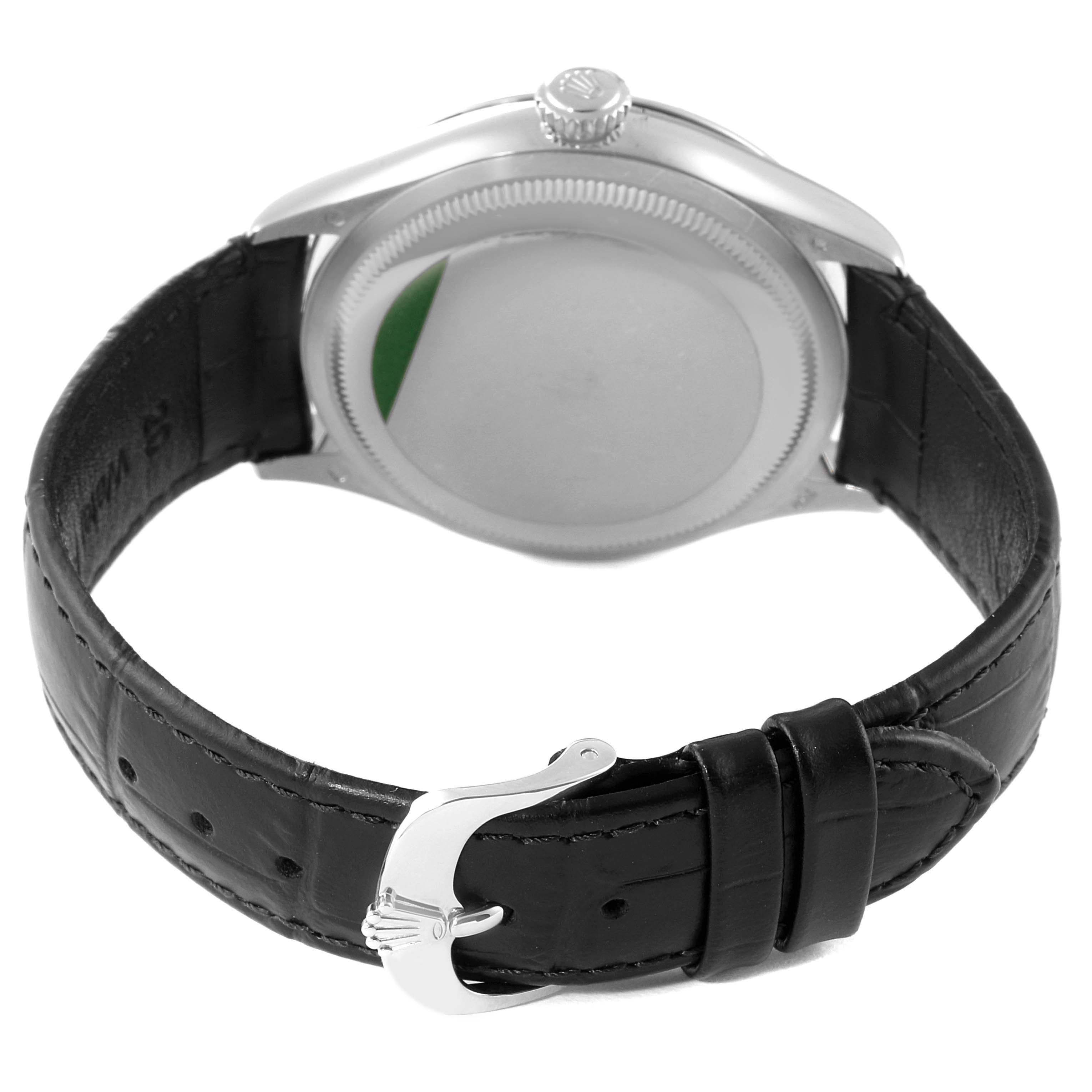 This image shows the back case and leather strap of a Rolex Cellini 50709 Men
s White Gold Silver Dial 50709 Men
s White Gold Silver Dial watch from a rear angle.