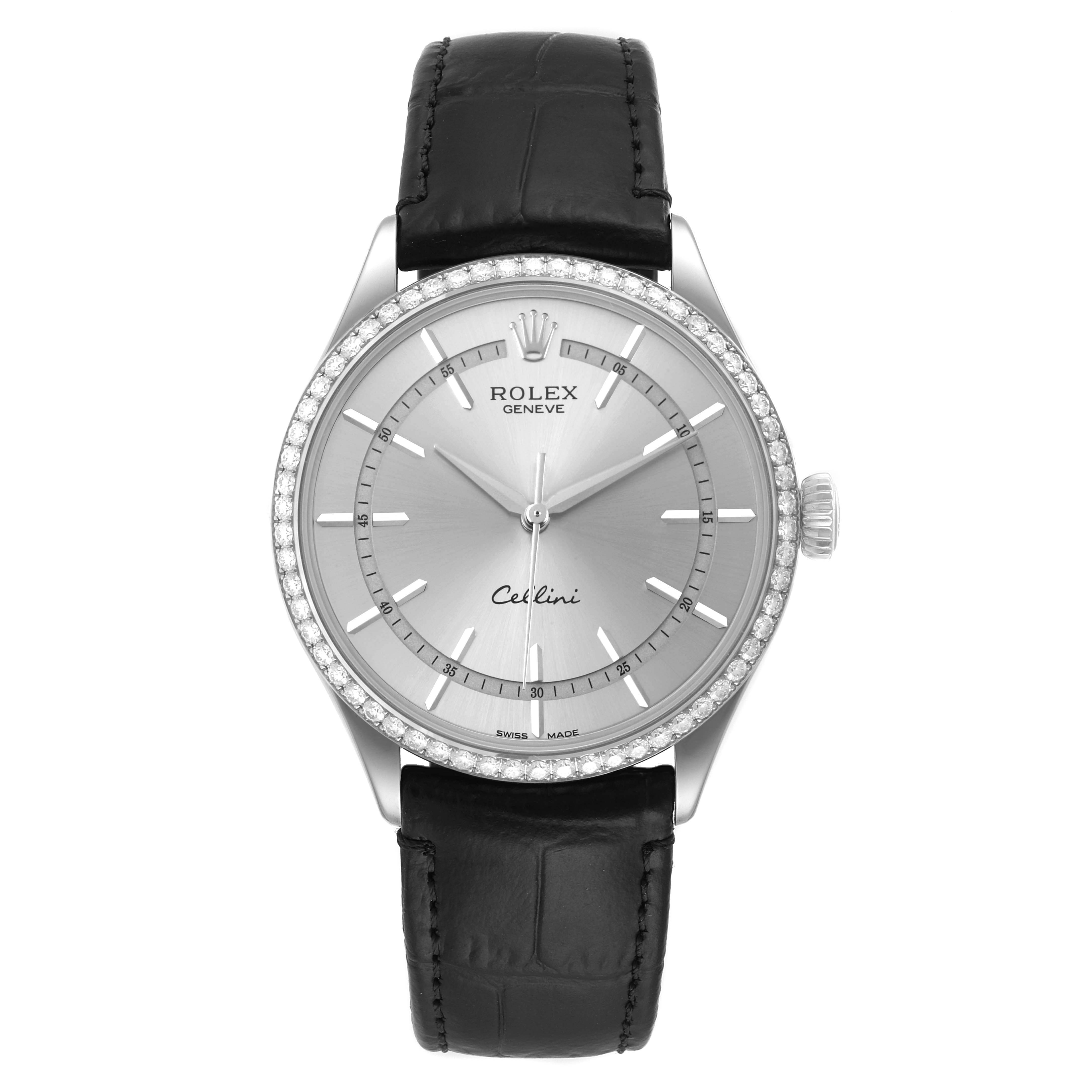 The image shows a front view of the Rolex Cellini 50709 Men
s White Gold Silver Dial 50709 Men
s White Gold Silver Dial watch, highlighting its dial, bezel, and leather strap.