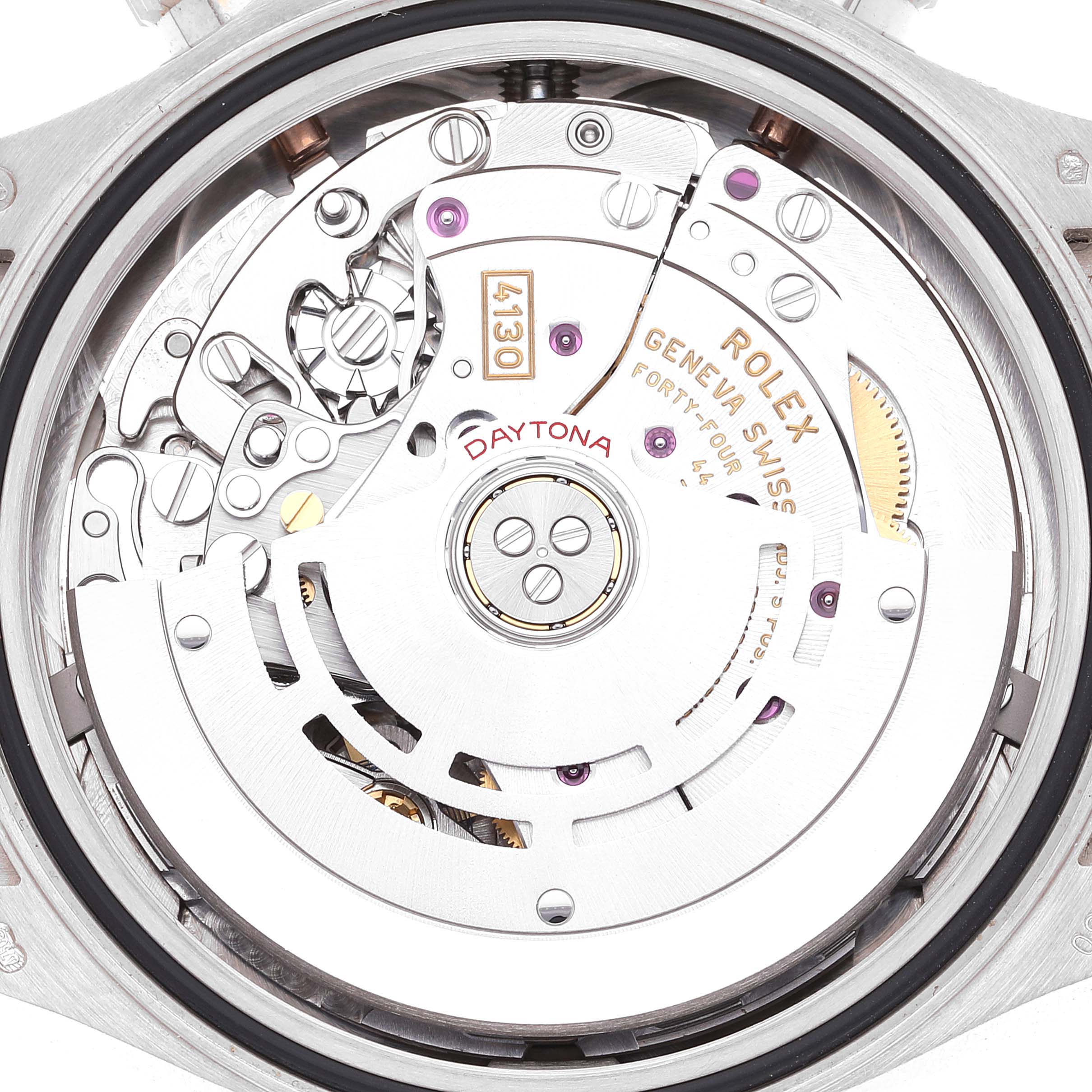The image shows a close-up view of the movement and inner mechanism of a Rolex Daytona 116519 Men's White Gold Grey Dial 116519 Men's White Gold Grey Dial watch.