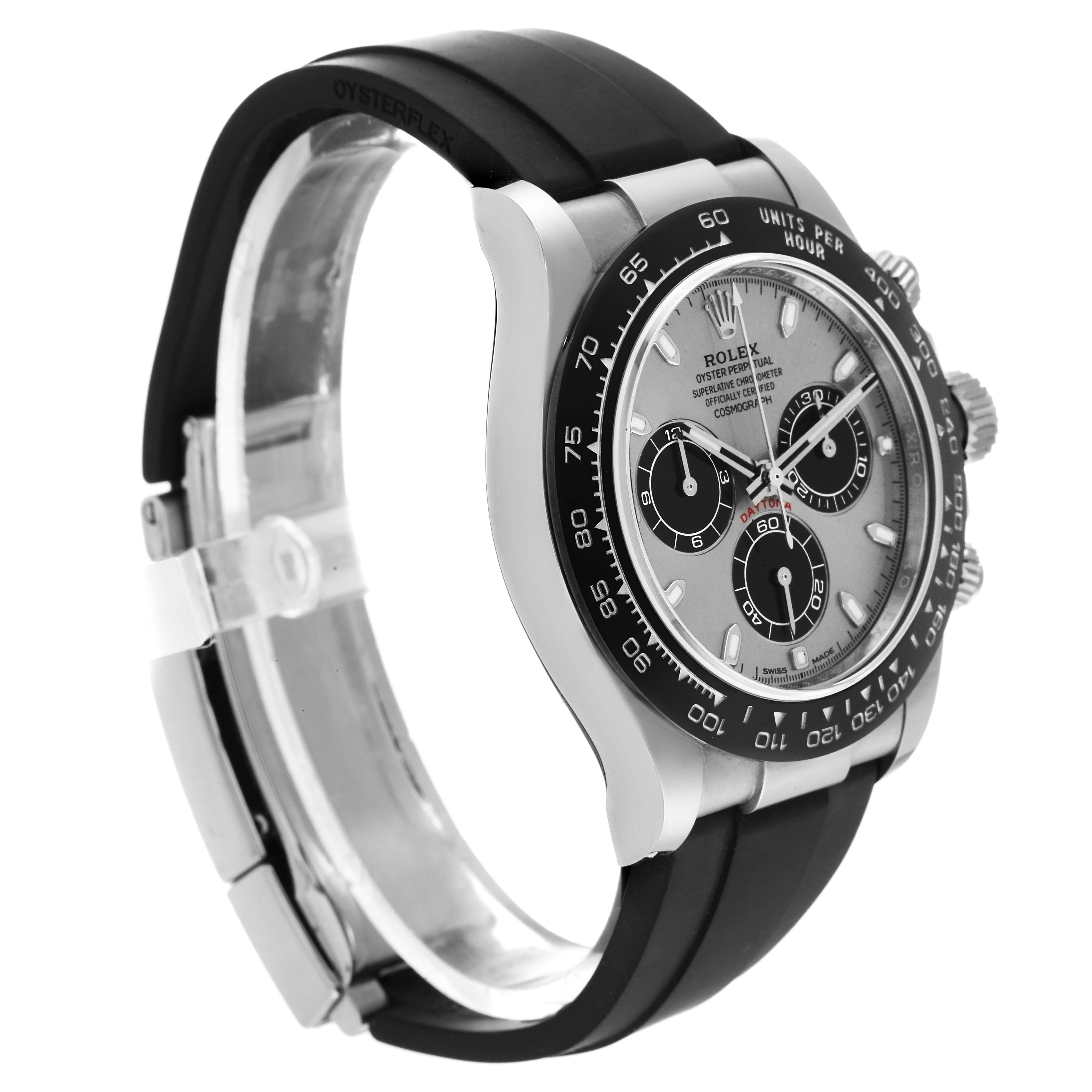 The image shows a Rolex Daytona 116519 Men's White Gold Grey Dial 116519 Men's White Gold Grey Dial watch from a side angle, highlighting the face, bezel, and rubber strap.