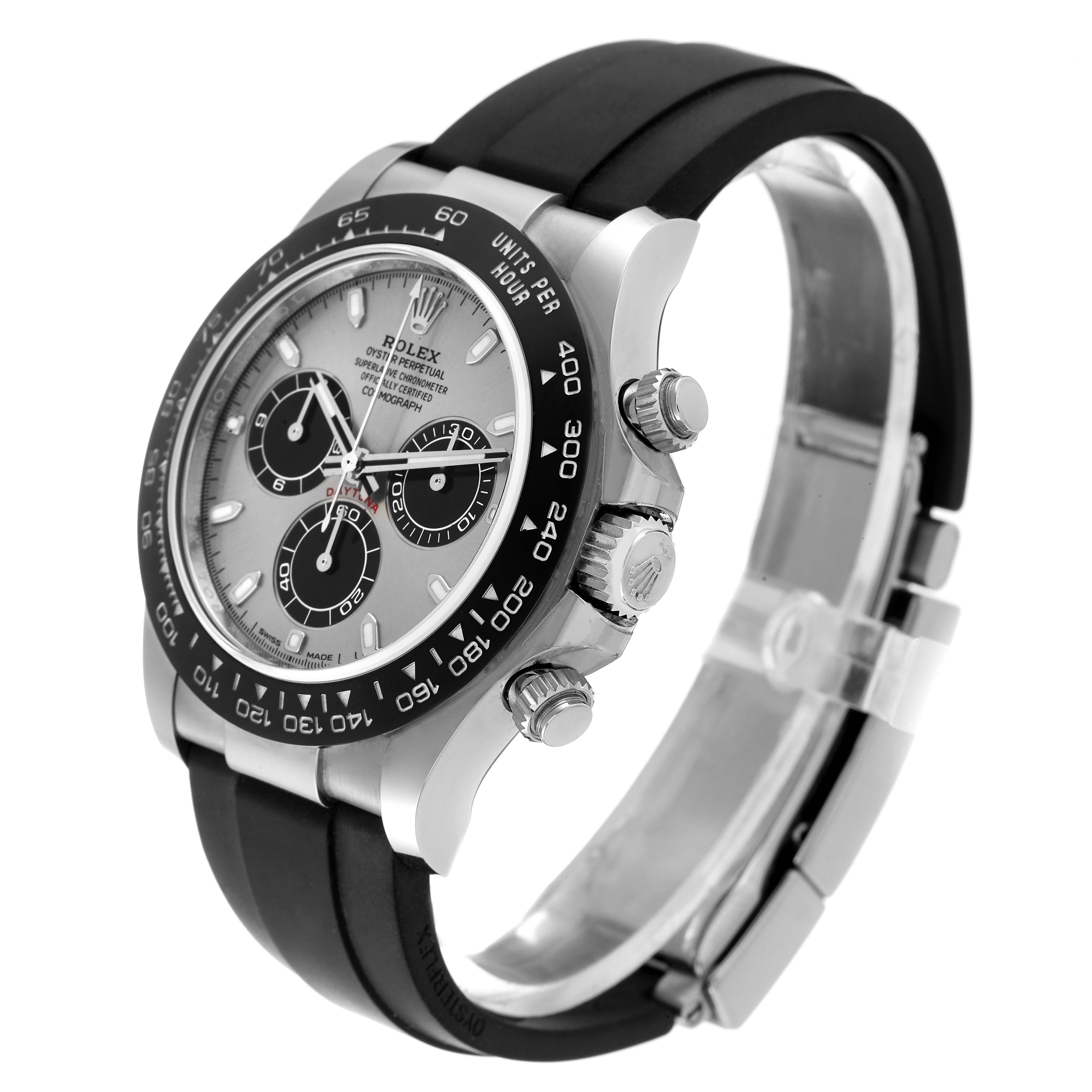 The image shows a side profile of a Rolex Daytona 116519 Men's White Gold Grey Dial 116519 Men's White Gold Grey Dial watch, highlighting its face, bezel, pushers, and black strap.