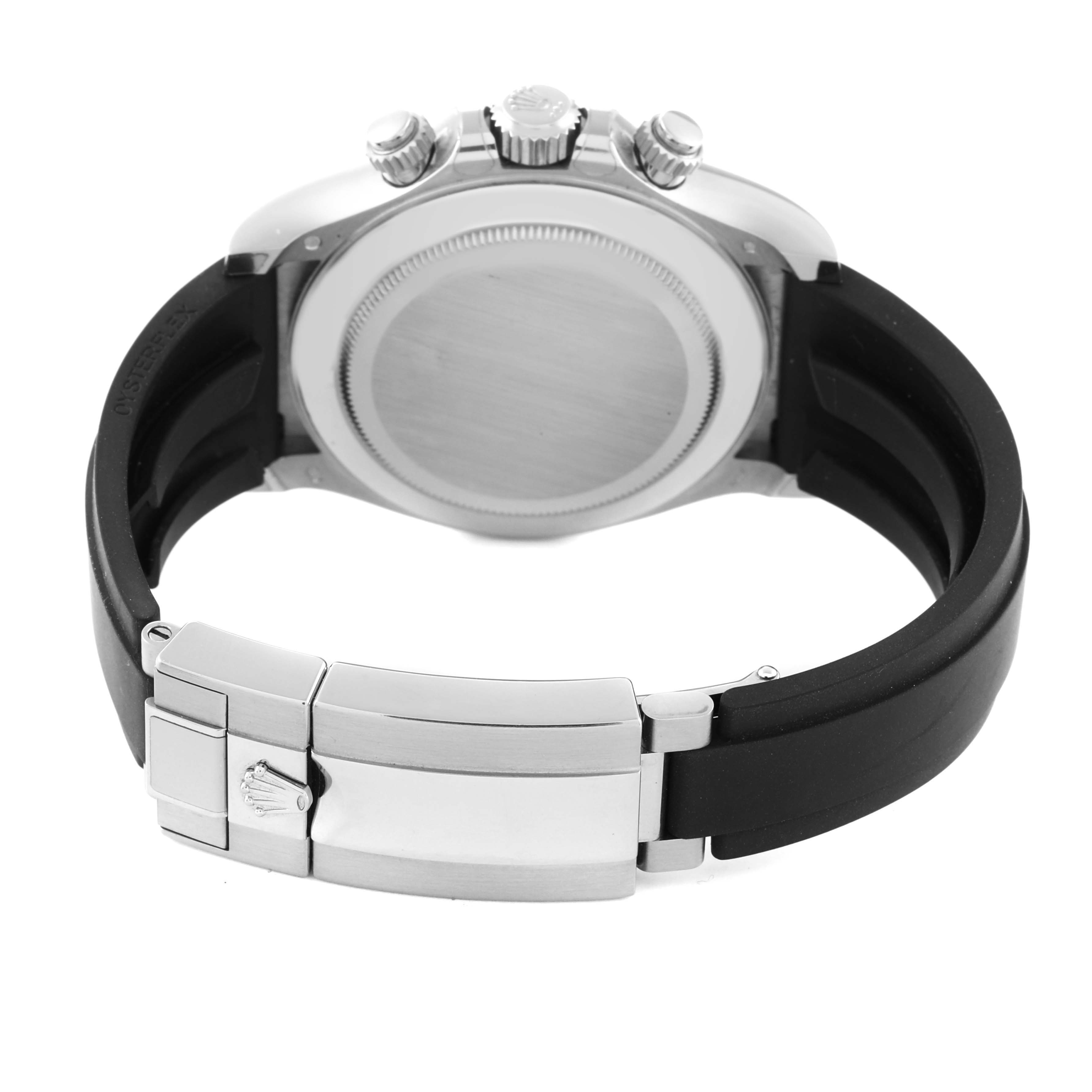 The image shows the back case and clasp of a Rolex Daytona 116519 Men's White Gold Grey Dial 116519 Men's White Gold Grey Dial watch, highlighting its band and crown.