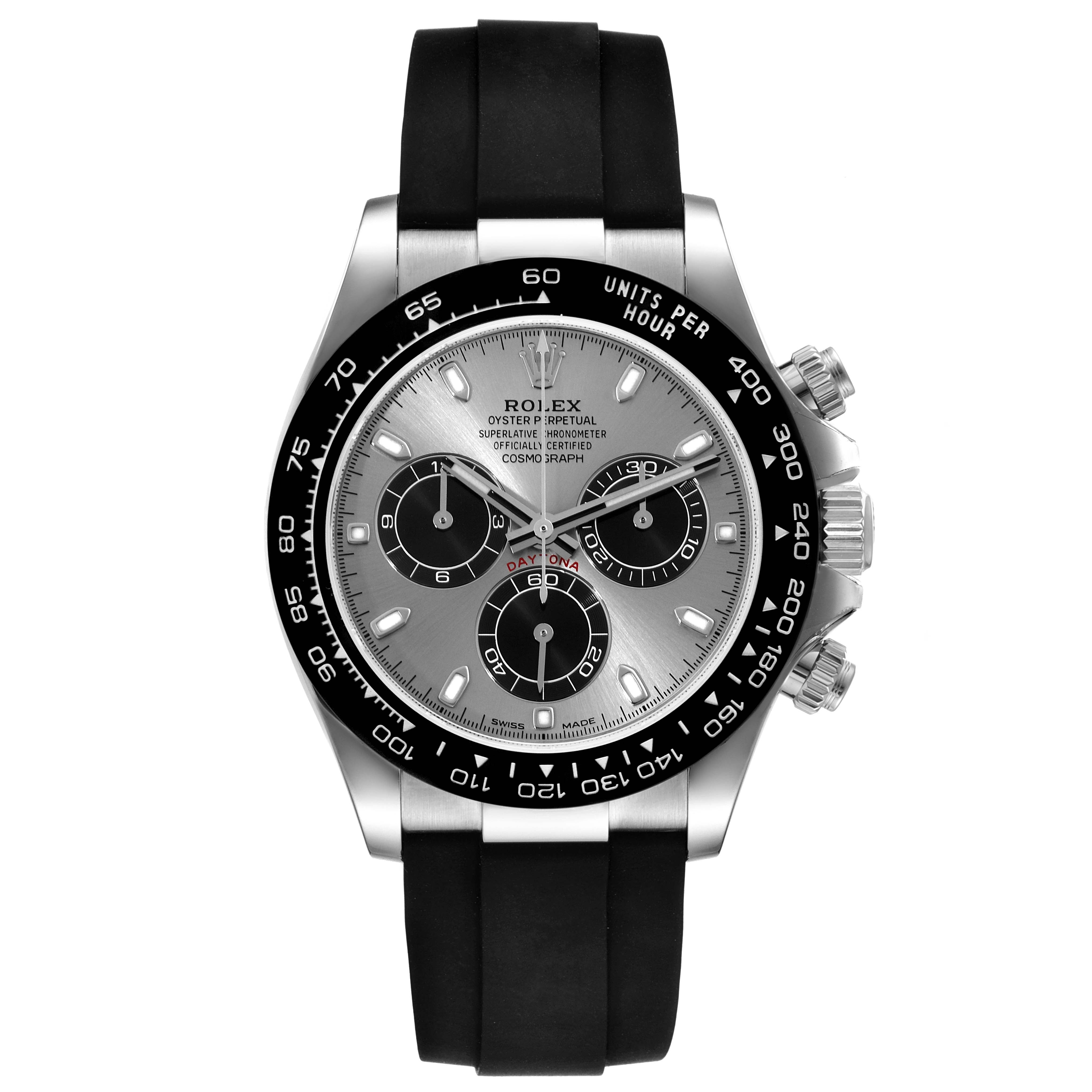 The image shows a front view of a Rolex Daytona 116519 Men's White Gold Grey Dial 116519 Men's White Gold Grey Dial watch with a black rubber strap and a silver dial.