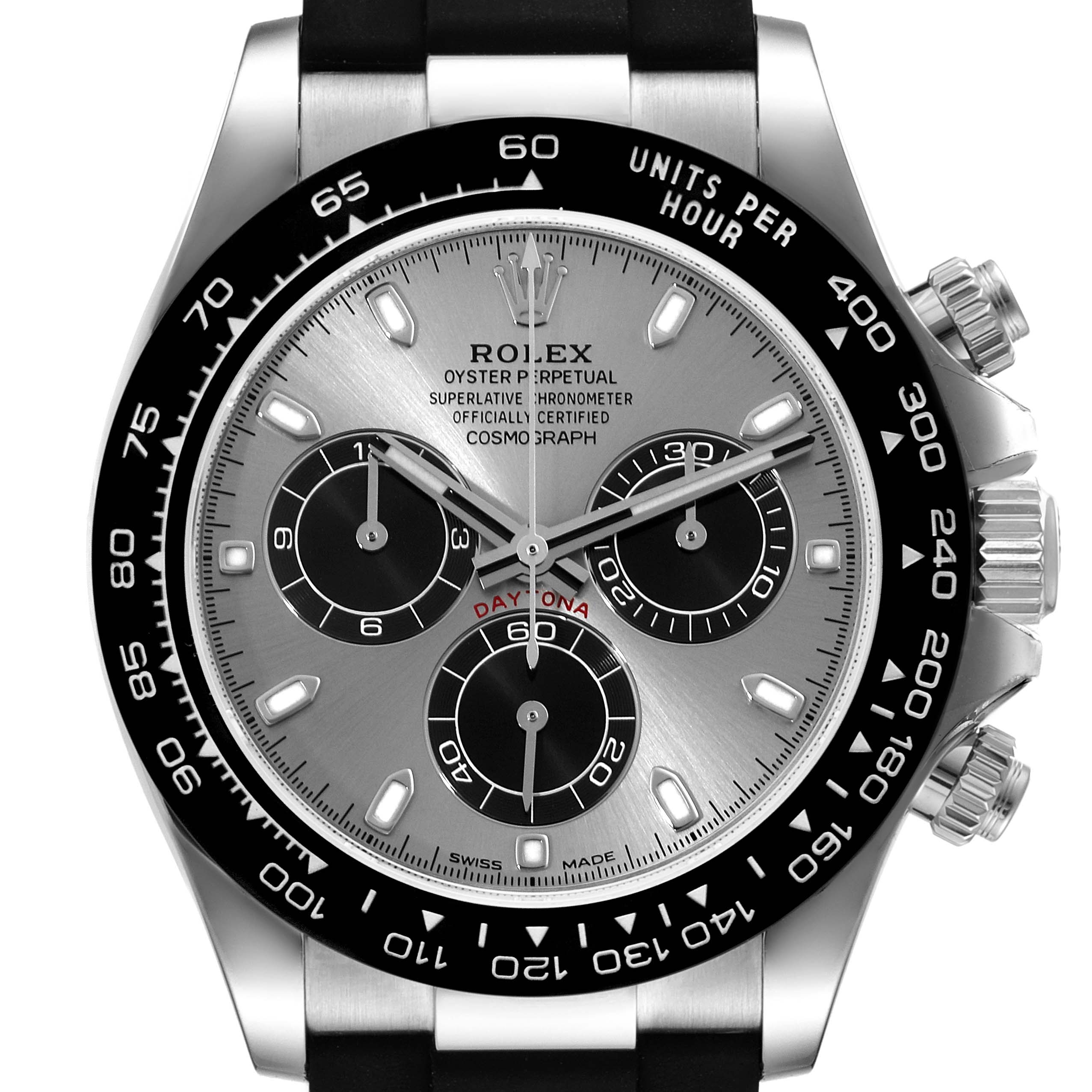 This is a frontal view of the Rolex Daytona 116519 Men's White Gold Grey Dial 116519 Men's White Gold Grey Dial watch showcasing its dial, bezel, and pushers.