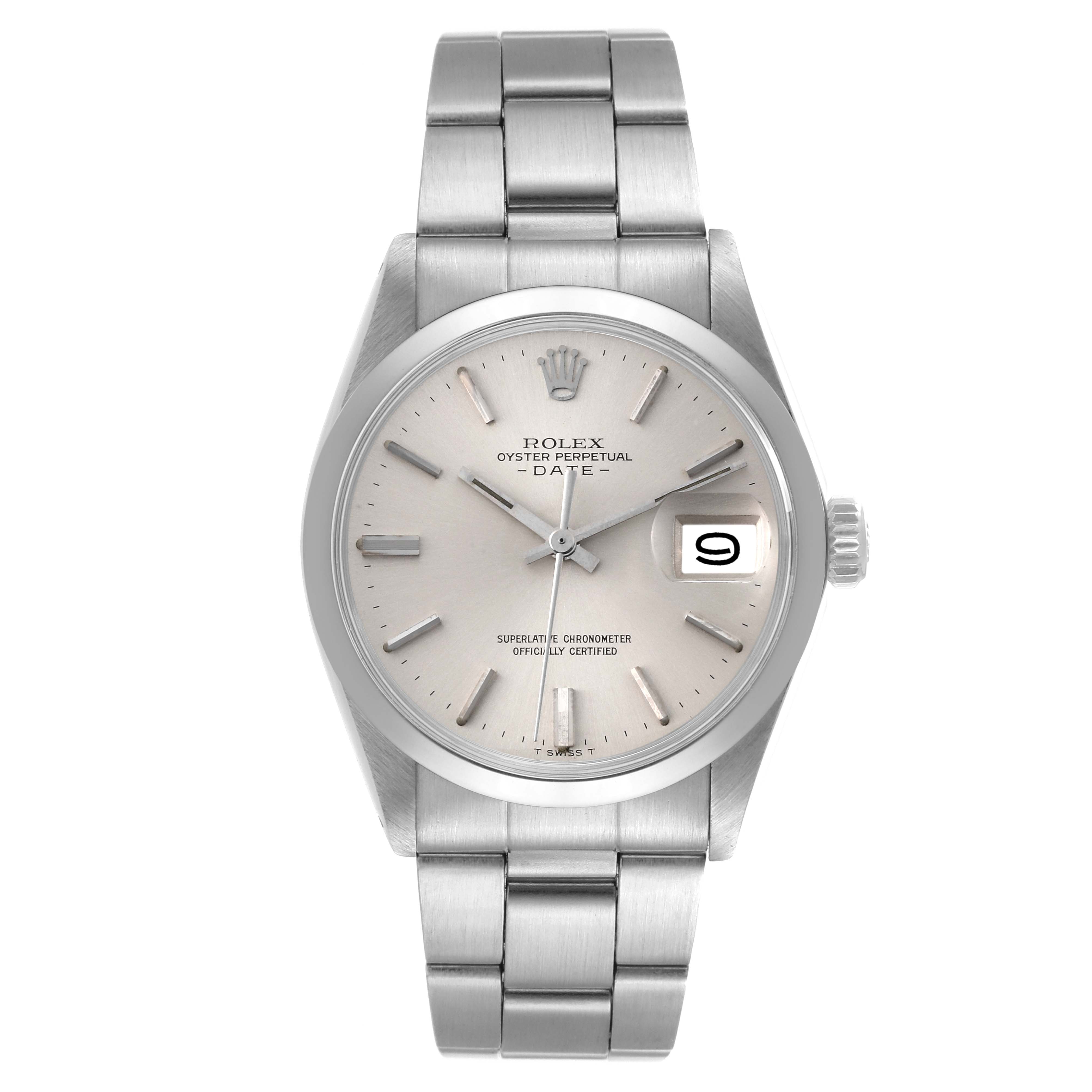 The image shows a front view of the Rolex Vintage Collection 1500 Men's Stainless Steel Silver Dial 1500 Men's Stainless Steel Silver Dial Oyster Perpetual Date watch, displaying its face, bezel, and bracelet.