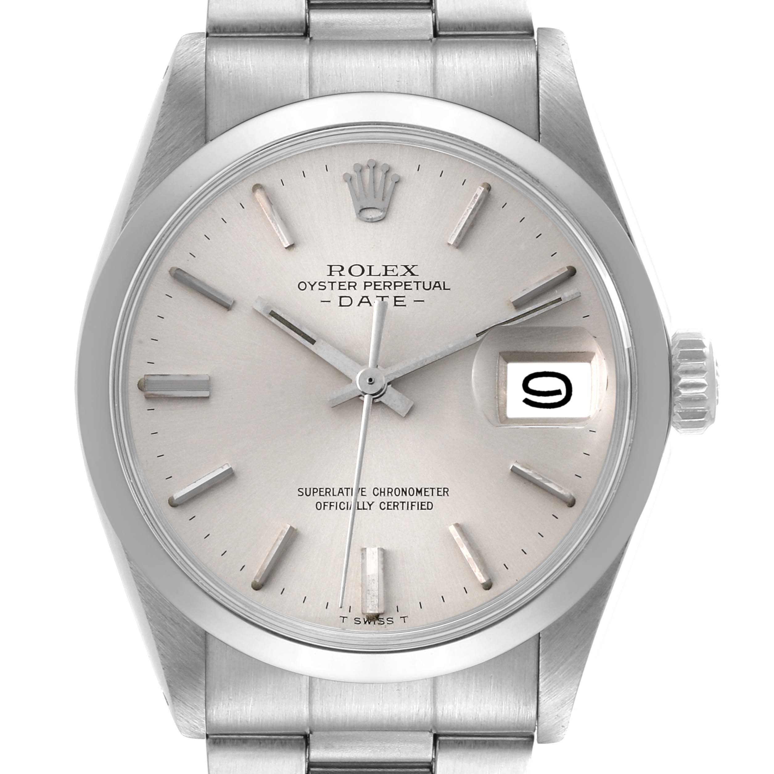 This is a front view of a Vintage Collection Rolex Oyster Perpetual Date watch, showing the face, date window, and partial bracelet.