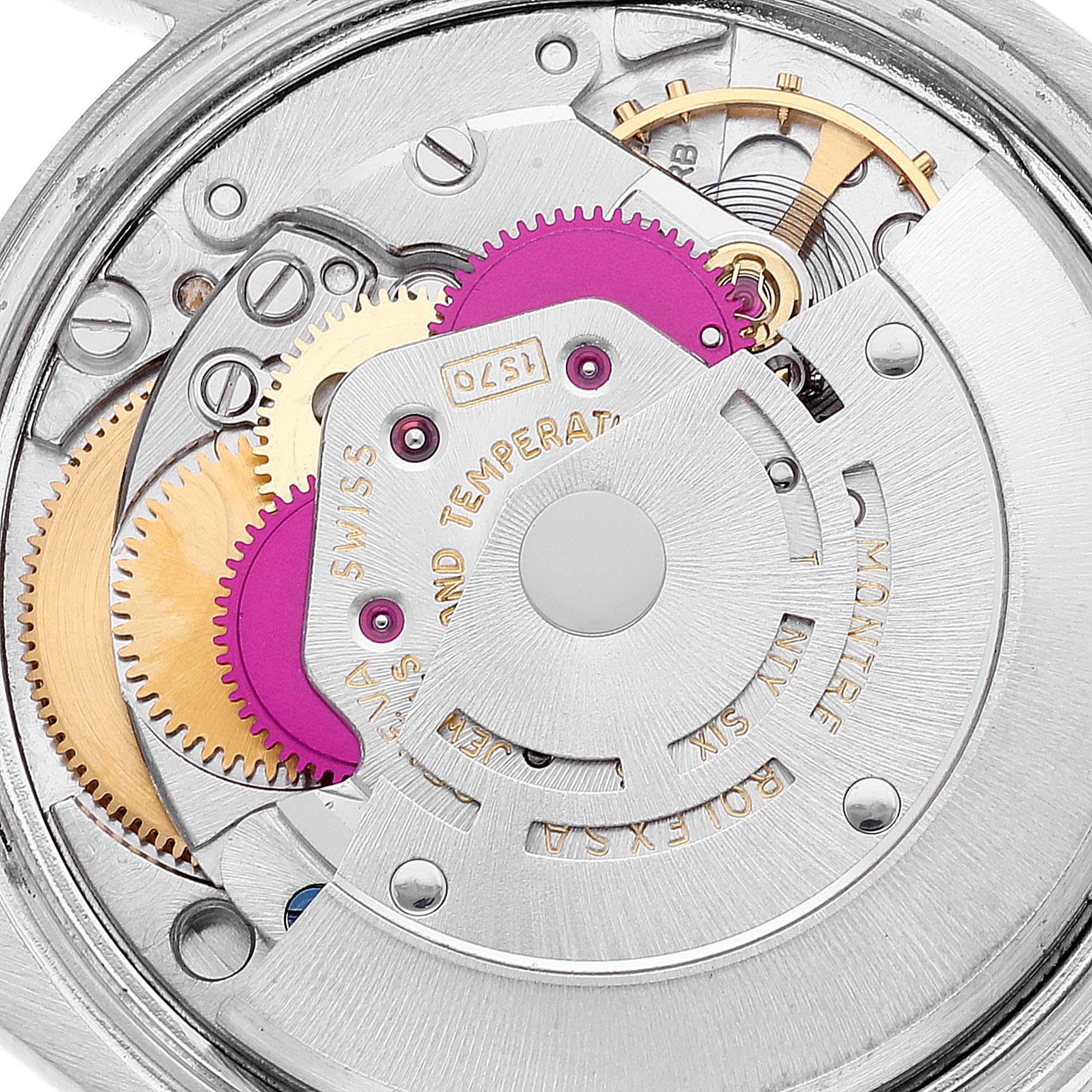 This image shows the internal mechanical movement of the Vintage Collection watch by Rolex from a close-up angle.