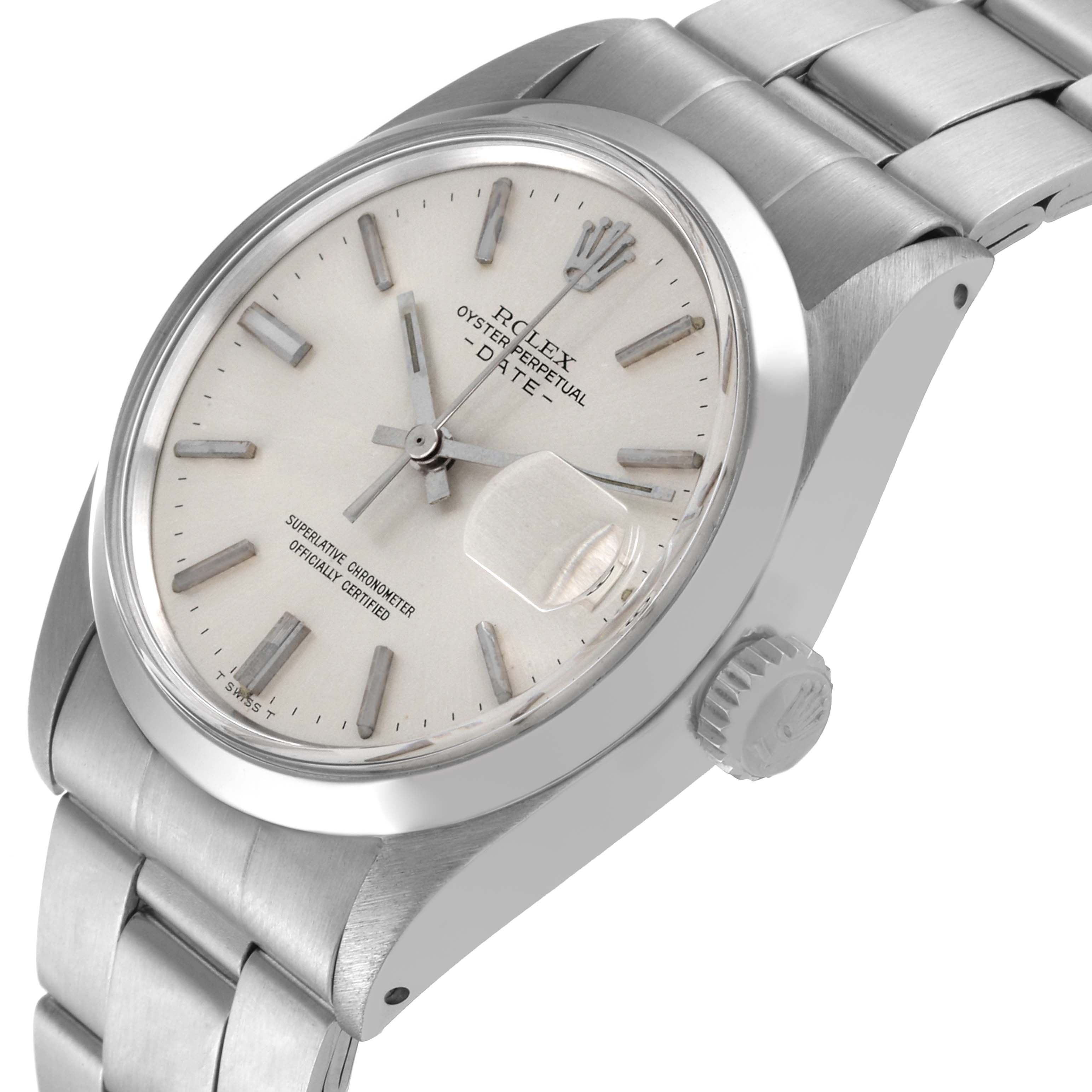 This image shows a side angle of the Rolex Vintage Collection 1500 Men's Stainless Steel Silver Dial 1500 Men's Stainless Steel Silver Dial Oyster Perpetual Date watch, highlighting its face, case, and bracelet.