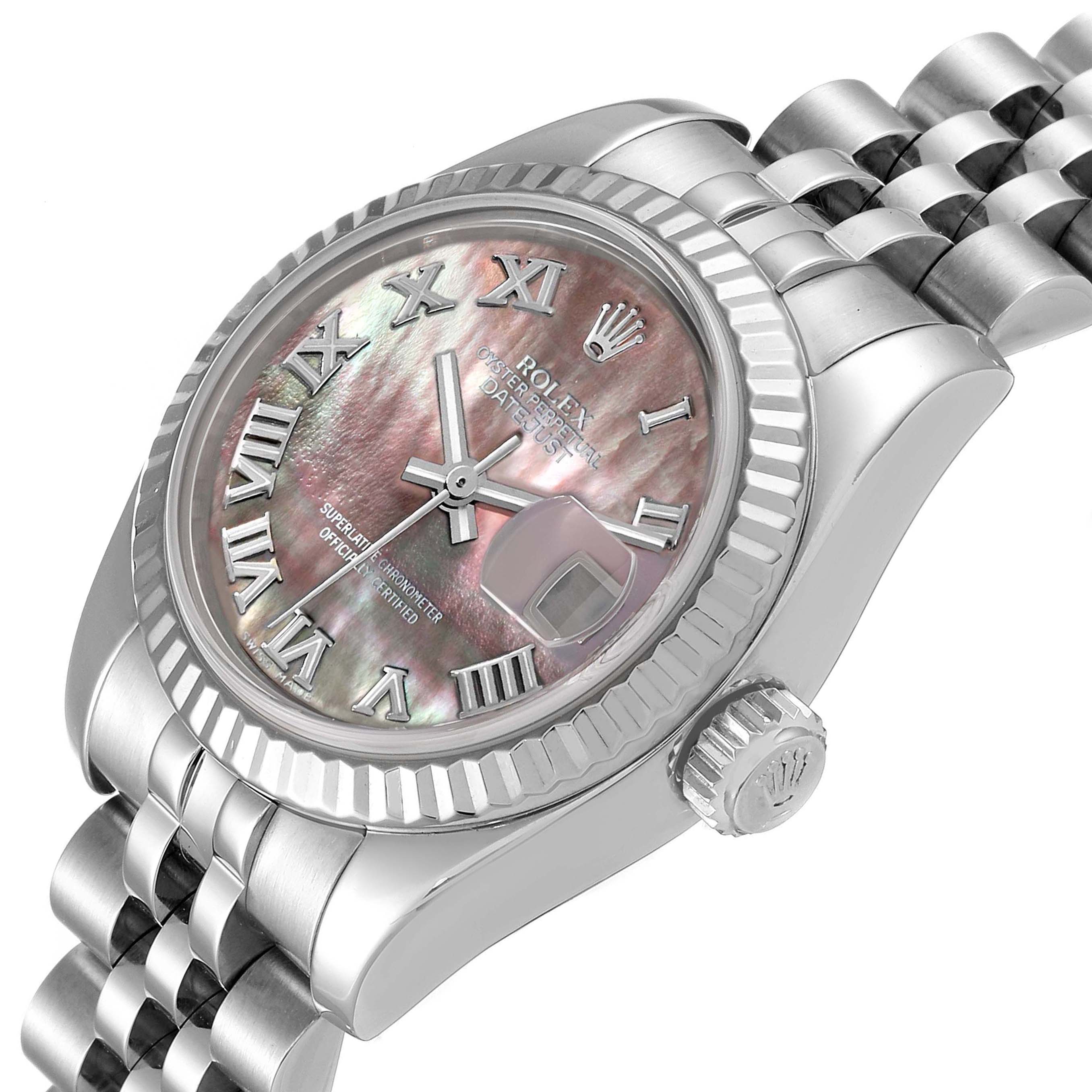 This image shows the face and bracelet of a Rolex Datejust 179174 Women's Stainless Steel Mother of Pearl Dial 179174 Women's Stainless Steel Mother of Pearl Dial watch, viewed from an angled close-up perspective.