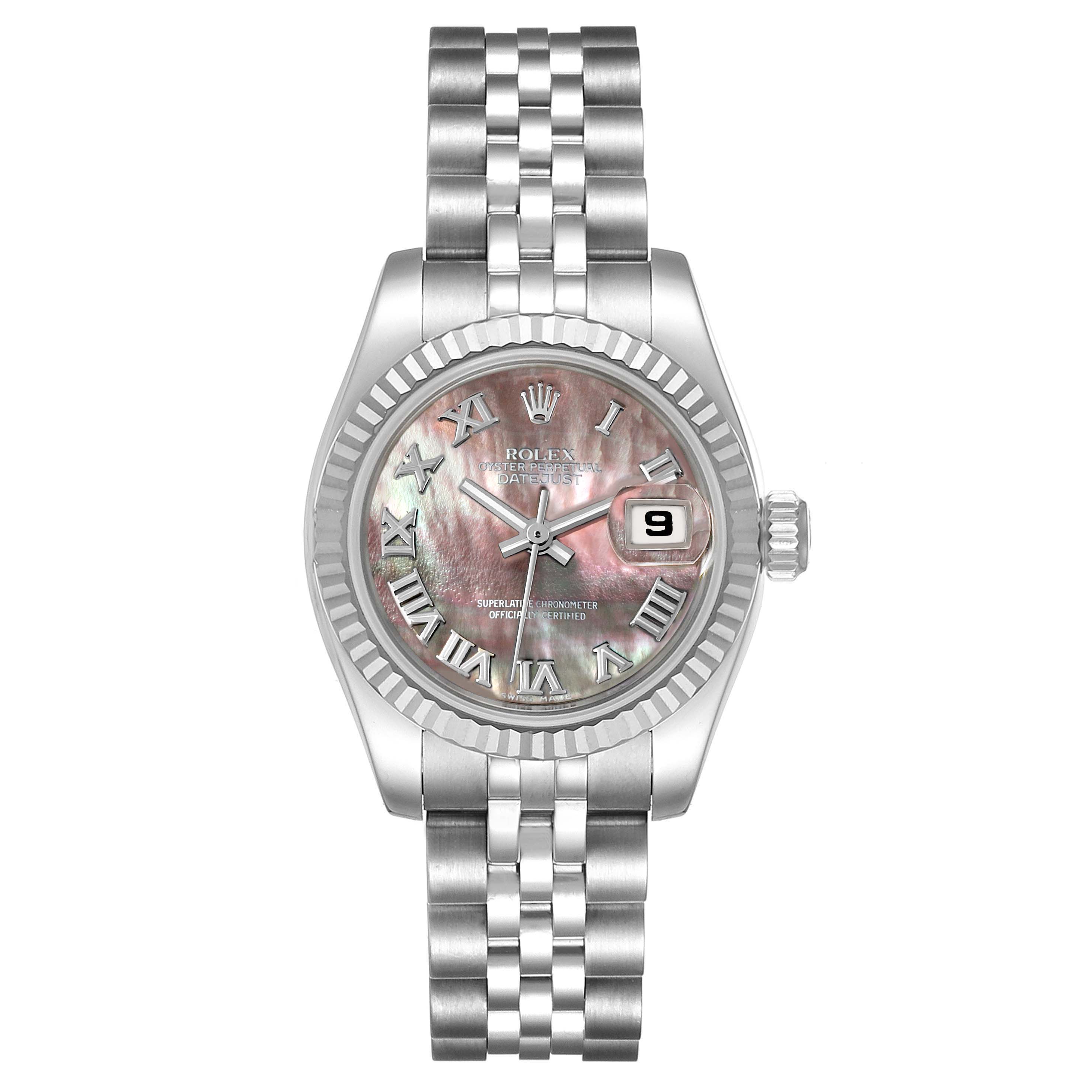 The image shows a Rolex Datejust 179174 Women's Stainless Steel Mother of Pearl Dial 179174 Women's Stainless Steel Mother of Pearl Dial watch from a front angle, highlighting the dial, bezel, bracelet, and date window.