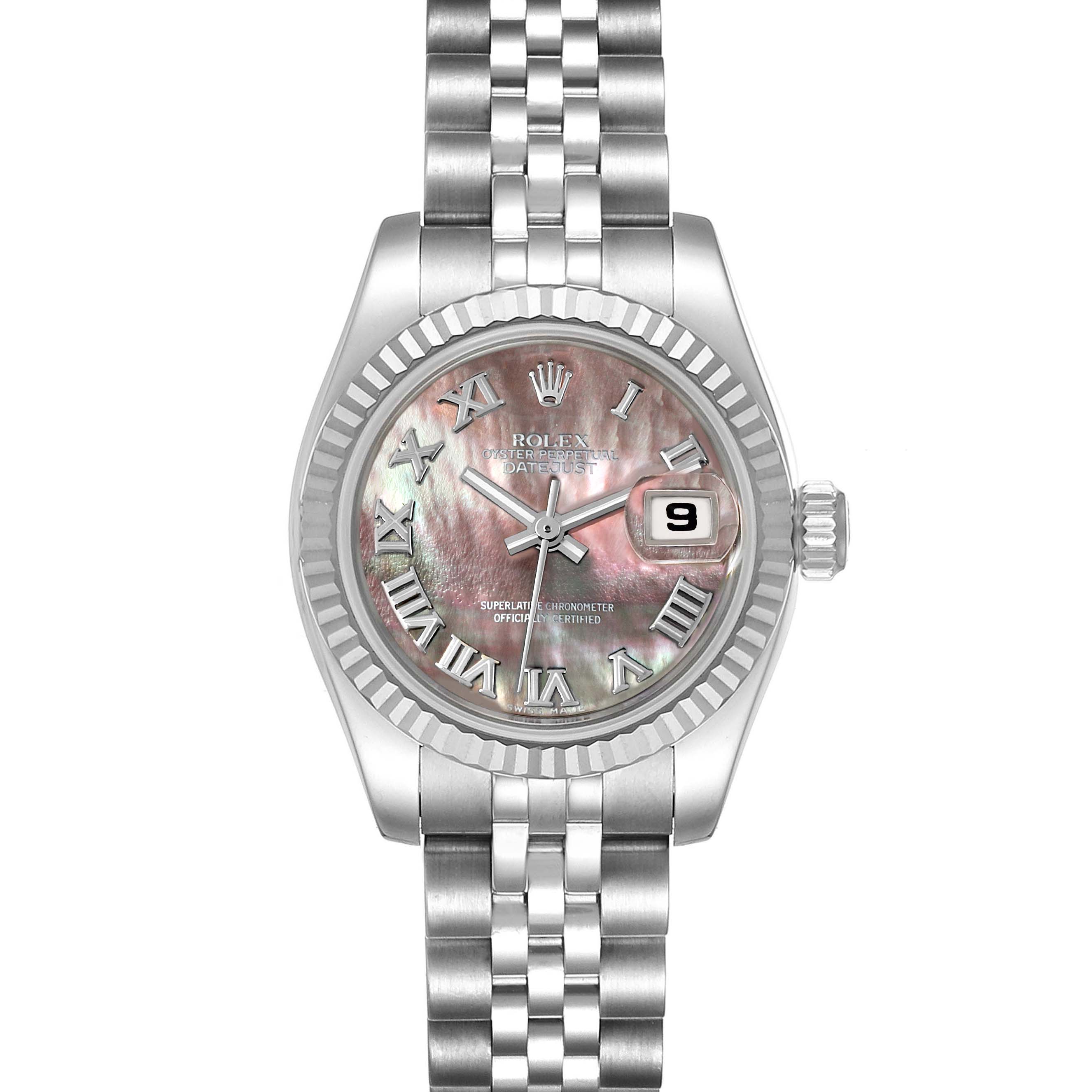 The image shows a frontal view of a Rolex Datejust 179174 Women's Stainless Steel Mother of Pearl Dial 179174 Women's Stainless Steel Mother of Pearl Dial watch, highlighting its mother-of-pearl dial, silver roman numerals, date window, and jubilee bracelet.