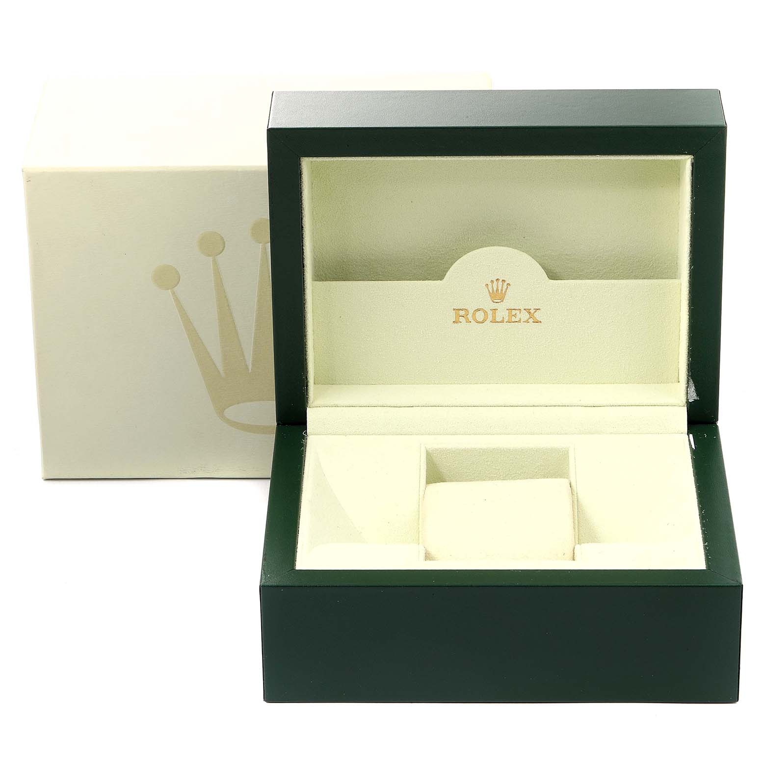 The image shows a Rolex Datejust 179174 Women's Stainless Steel Mother of Pearl Dial 179174 Women's Stainless Steel Mother of Pearl Dial green and beige watch box, opened to display the interior compartments and logo.