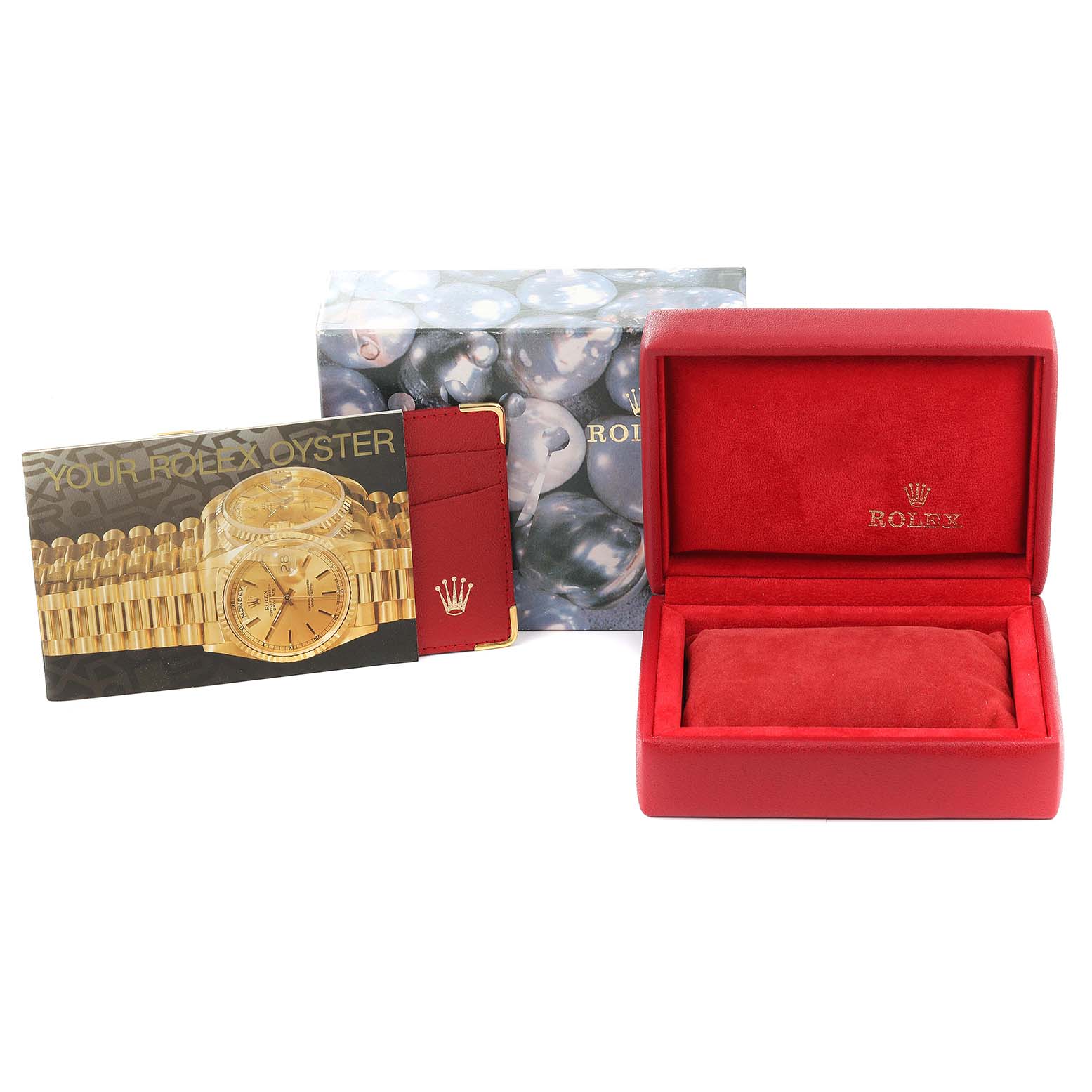 The image shows the packaging and accessories for a Rolex Datejust 79173 Women's Steel and Gold (two tone) White Dial 79173 Women's Steel and Gold (two tone) White Dial watch, including the box, booklet, and cardholder, from a front angle.