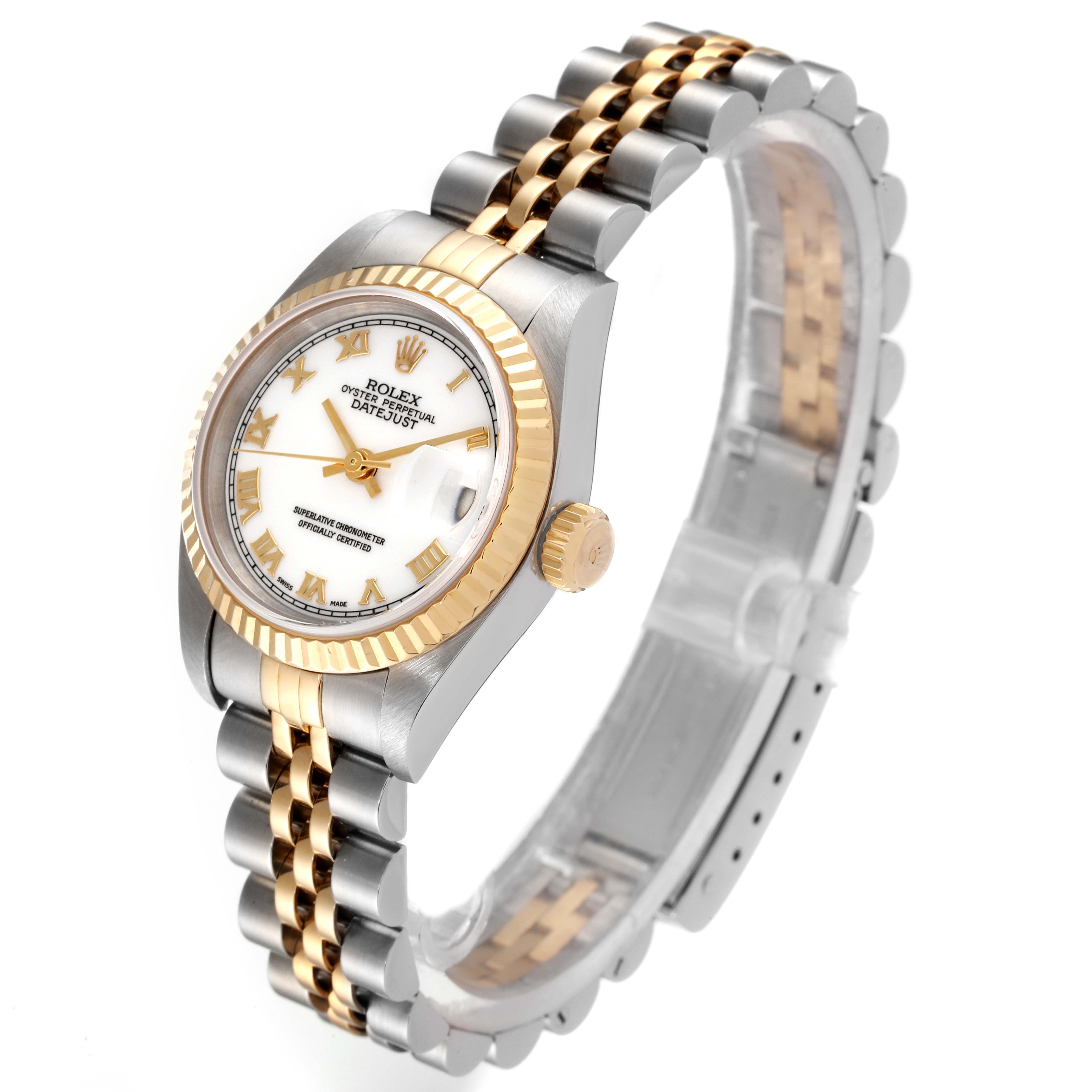 The Rolex Datejust 79173 Women's Steel and Gold (two tone) White Dial 79173 Women's Steel and Gold (two tone) White Dial watch is shown at an angled view, highlighting the dial, bezel, crown, and the two-tone bracelet.