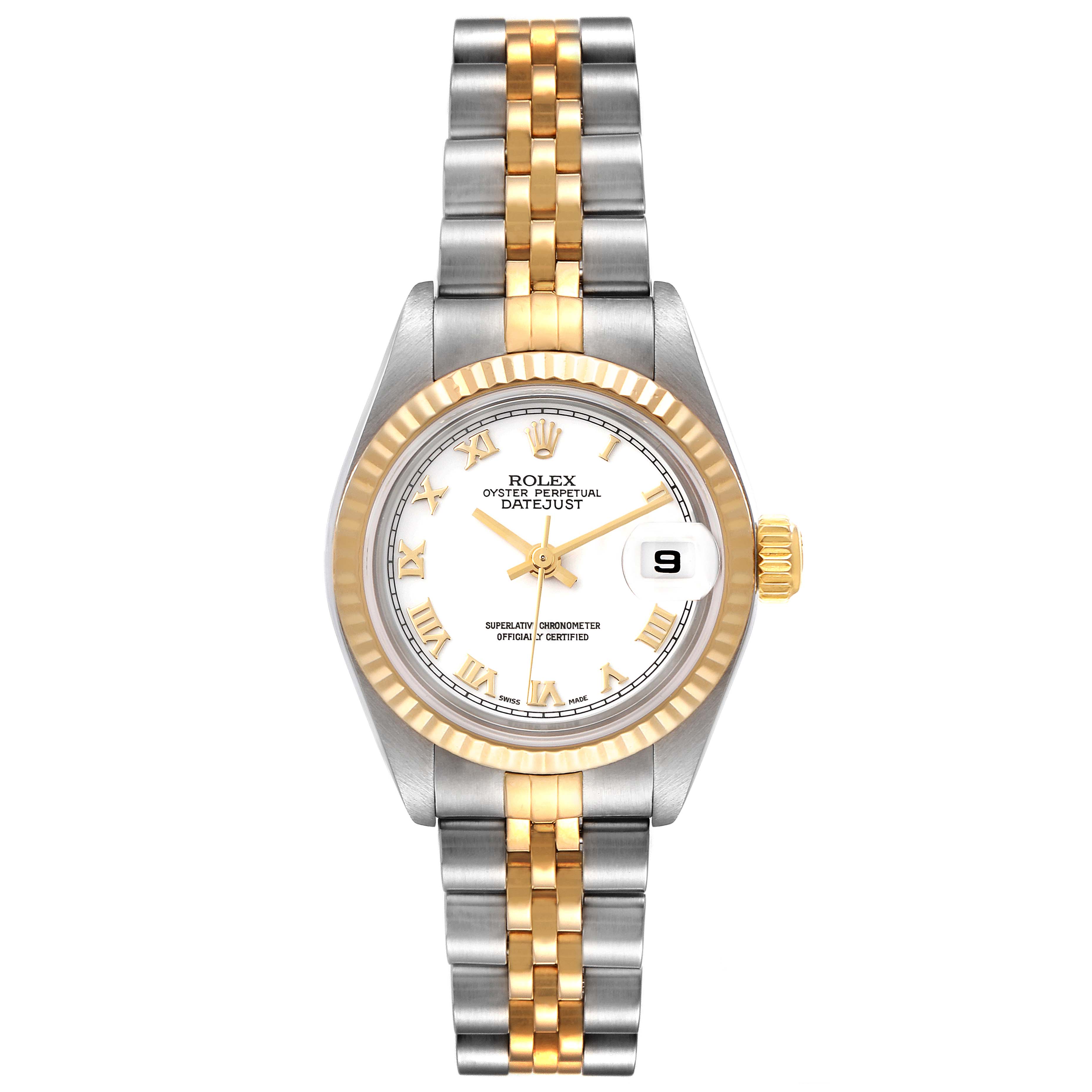 This image shows a top-down view of a Rolex Datejust 79173 Women's Steel and Gold (two tone) White Dial 79173 Women's Steel and Gold (two tone) White Dial watch, highlighting the dial, bezel, and two-tone bracelet.