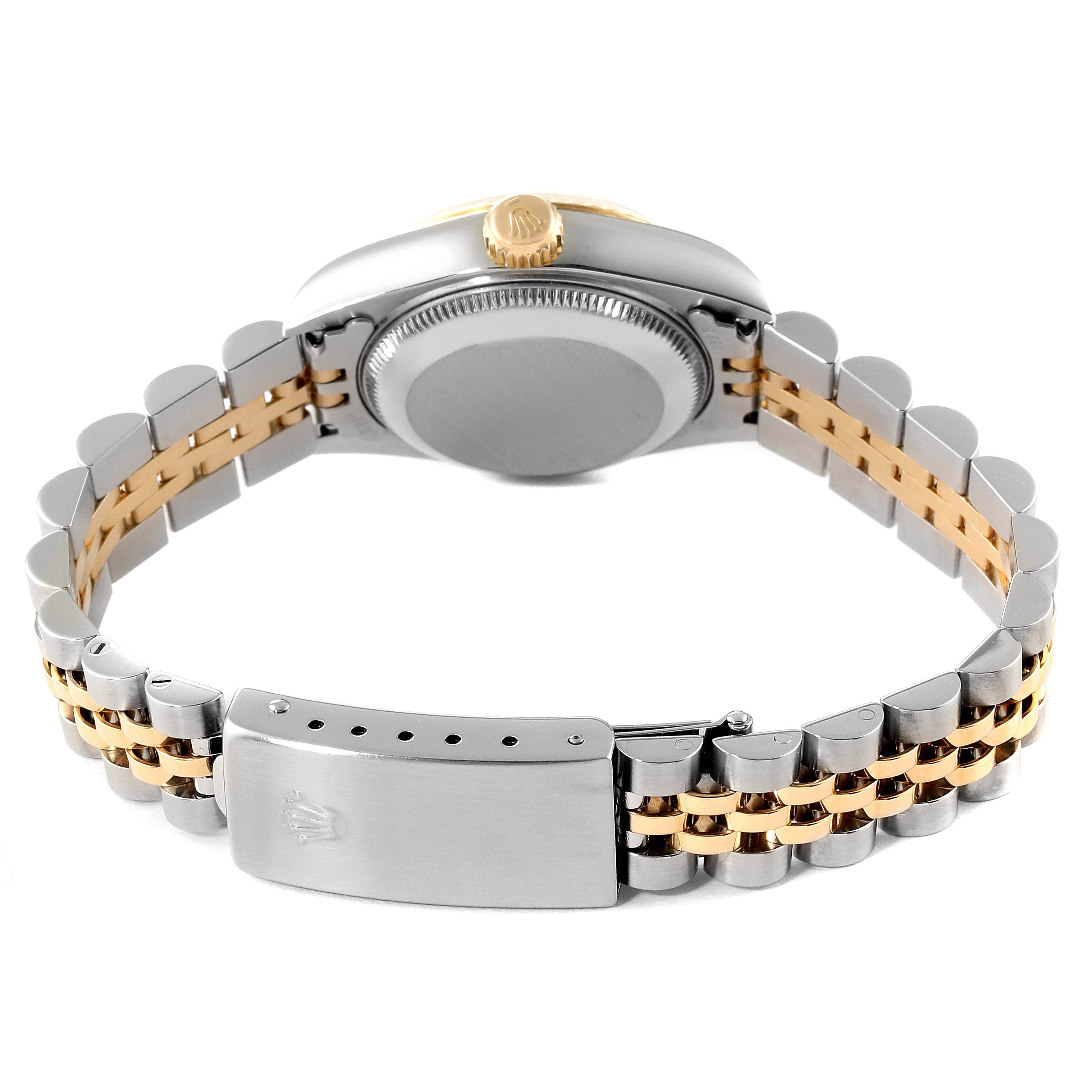 This image shows the back of the Rolex Datejust 79173 Women's Steel and Gold (two tone) White Dial 79173 Women's Steel and Gold (two tone) White Dial watch, focusing on the bracelet, clasp, and case back.