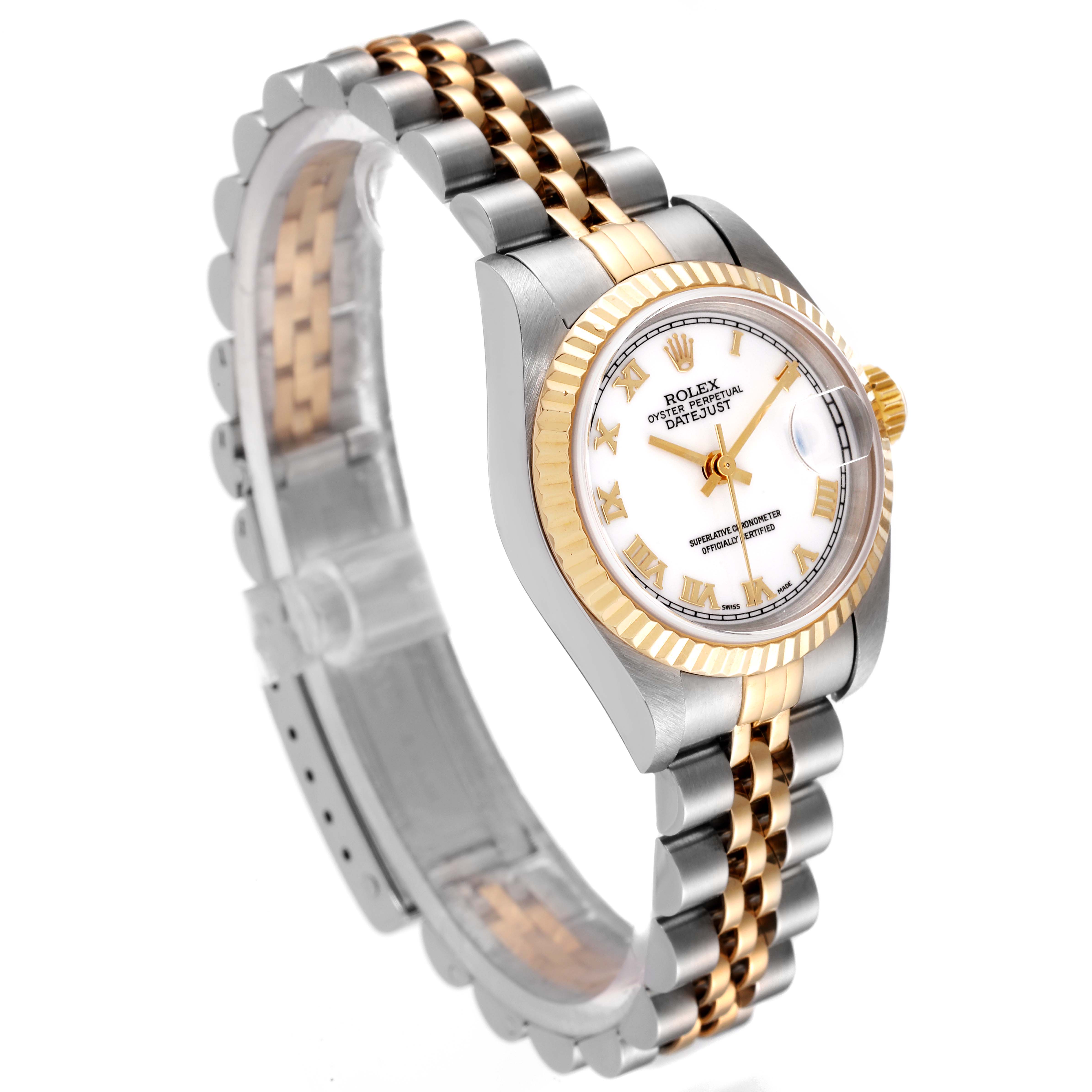 The image shows a Rolex Datejust 79173 Women's Steel and Gold (two tone) White Dial 79173 Women's Steel and Gold (two tone) White Dial watch at a three-quarter angle, highlighting its two-tone bracelet and fluted bezel.