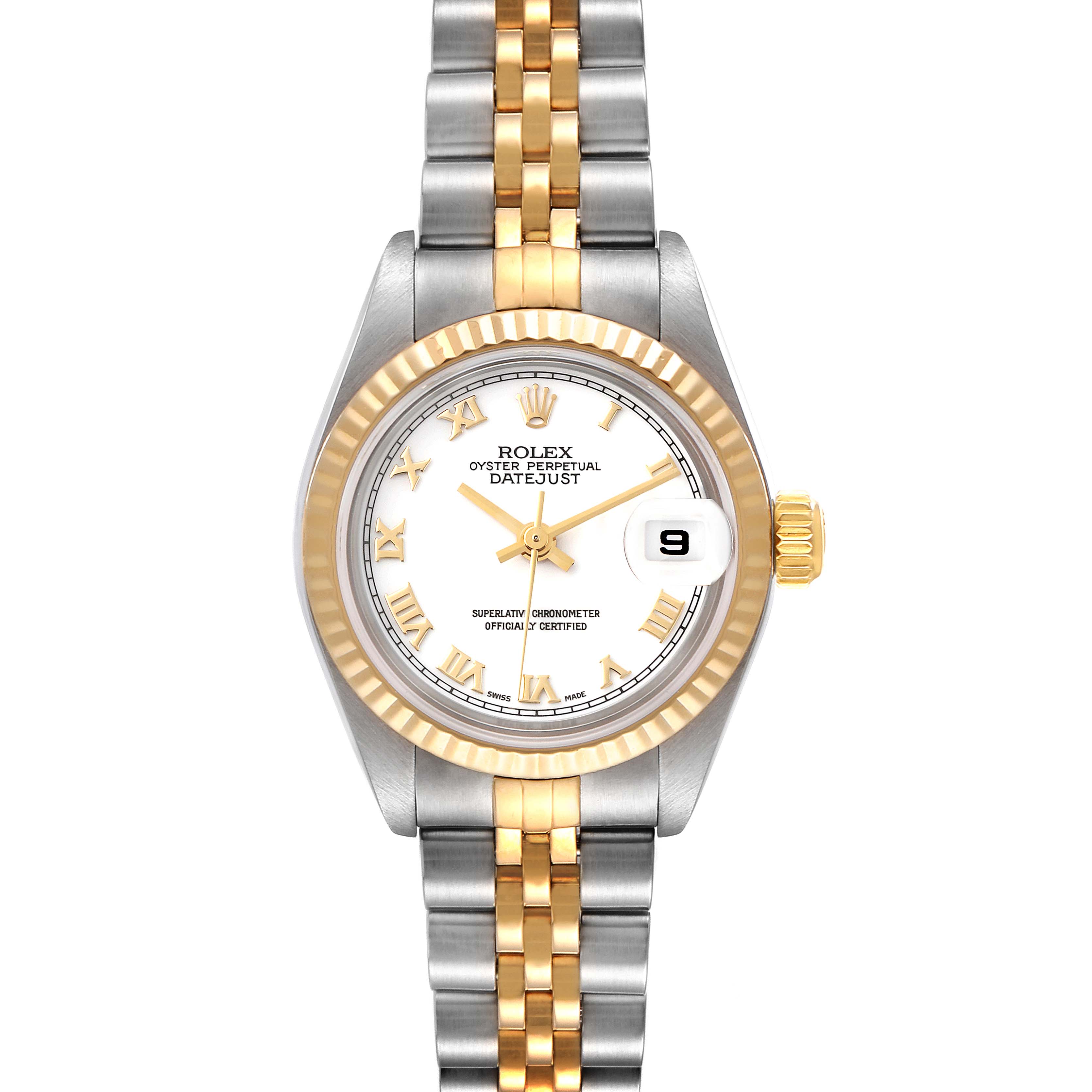 The image shows a front view of the Rolex Datejust 79173 Women's Steel and Gold (two tone) White Dial 79173 Women's Steel and Gold (two tone) White Dial, displaying its two-tone bracelet and date window at 3 o'clock.