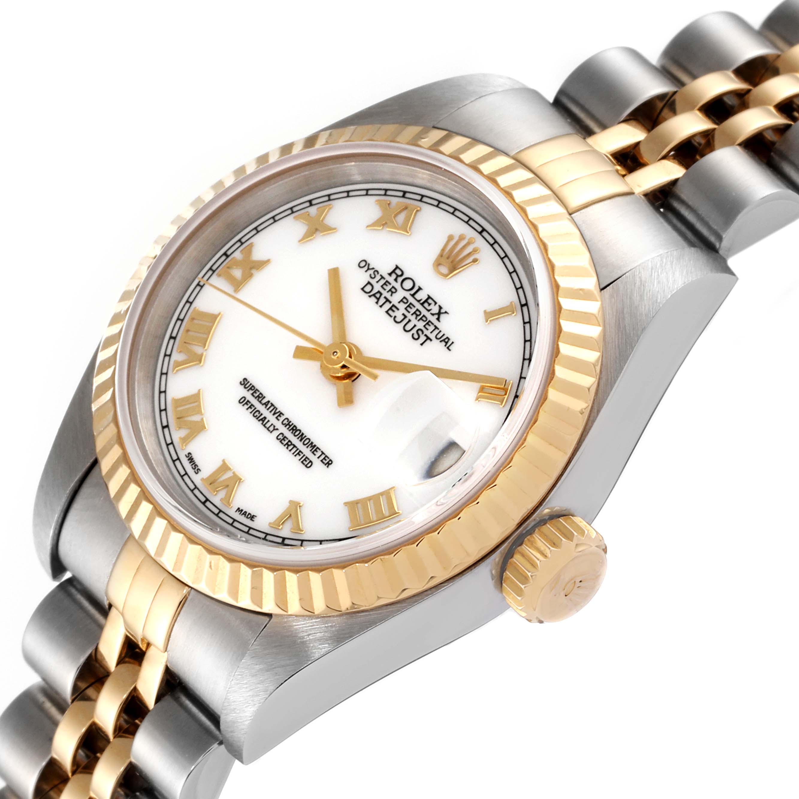 The image shows a close-up angle of a Rolex Datejust 79173 Women's Steel and Gold (two tone) White Dial 79173 Women's Steel and Gold (two tone) White Dial watch, highlighting the dial, bezel, and part of the bracelet.